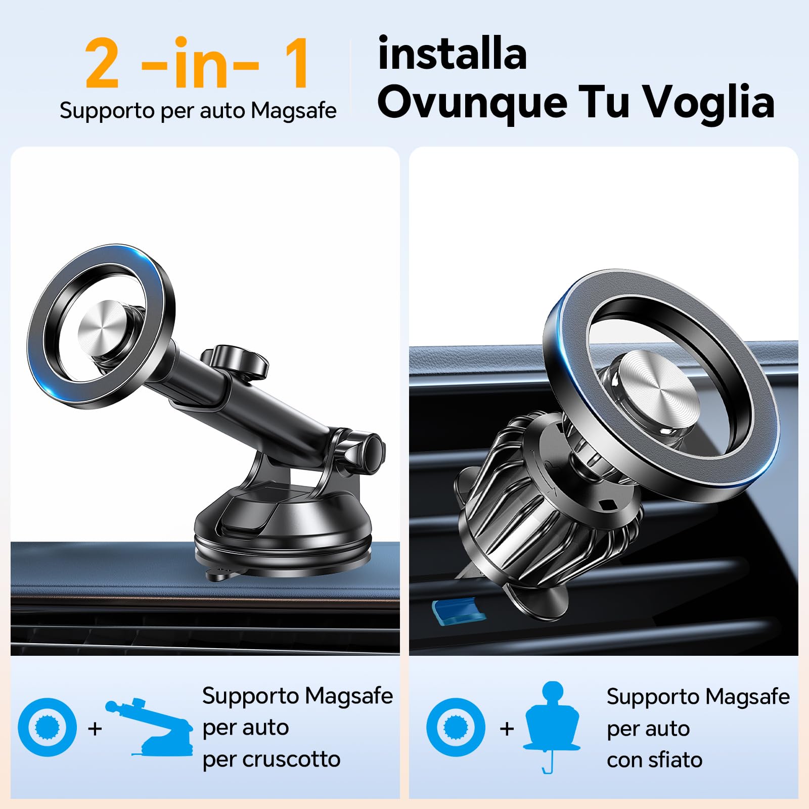 Coolpow Supporto Telefono Auto per MagSafe [20X N55 Magneti] Porta Cellulare Auto Magnetico,[Forte Aspirazione] 360°Estraibile Porta Telefono Auto per Parabrezza/d'Aria Bocchetta/Cruscotto per iPhone