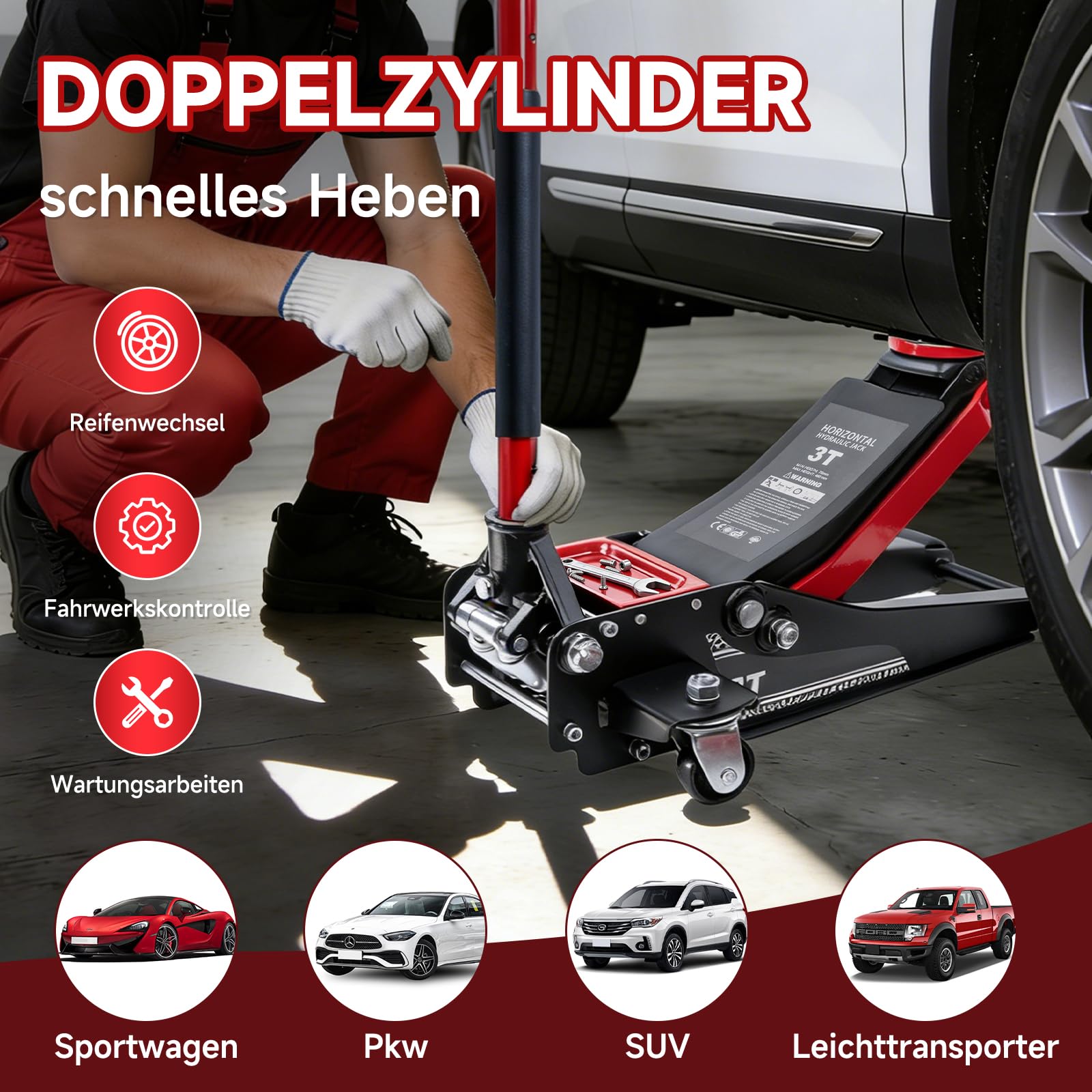 Warmfay Hydraulischer Wagenheber 3T, TÜV Geprüfter Profi Rangierwagenheber Flach 75-460mm Hubhöhe, Wagenheber Jack mit 360° Rollen, Doppelkolben & 2X Gummiauflagen, Ideal für SUV & Tiefergelegte Auto