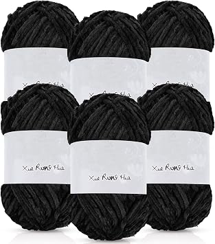 Amylove 6 Pcs Velvet Chenille Yarn for Crocheting, 1182yd Total, Black