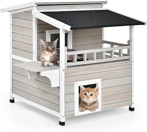 Tangkula Casa para gatos al aire libre de madera, 2 pisos fuera de refugio para gatos con puerta de escape, techo de asfalto, balcón, plataforma de