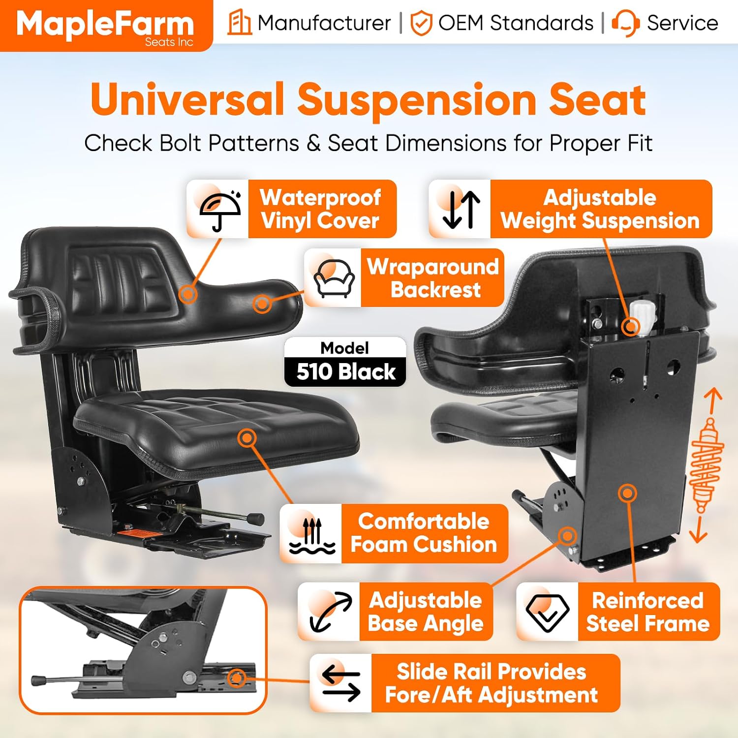 MFS Universal Forklift Seat, Tractor Suspension Seat, Waterproof Vinyl Cover High Back ReplacementSeat Fits John Deere Kubota Seats Lawn Mower Skid Loader Bulldozer - 510 Black