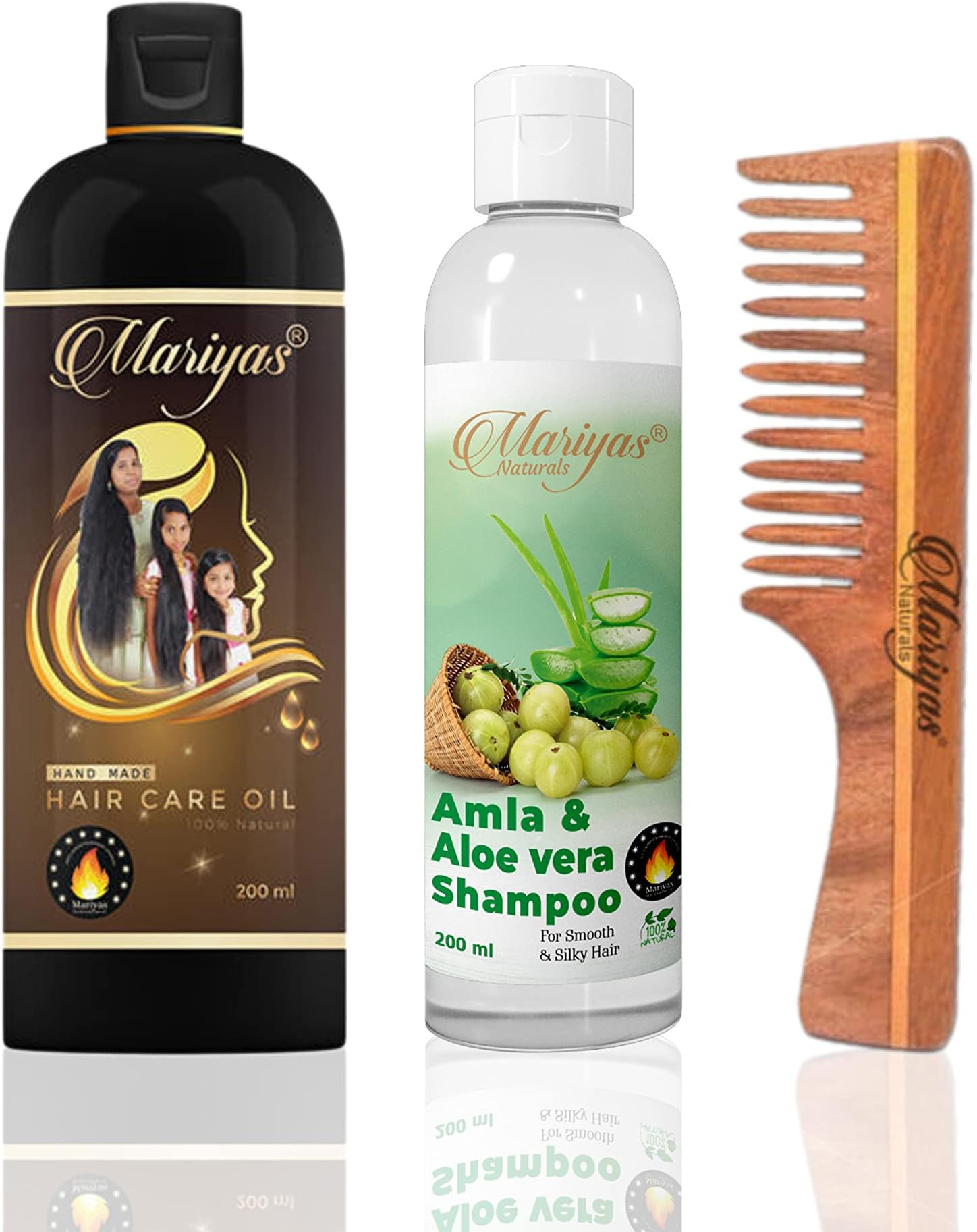 Mariyas Herbal Natural Hair Care Kit | Hair Oil-200ml, Amla Aloevera Shampoo-200ml & Oil Treated Neem Wooden Comb (Handle Comb)