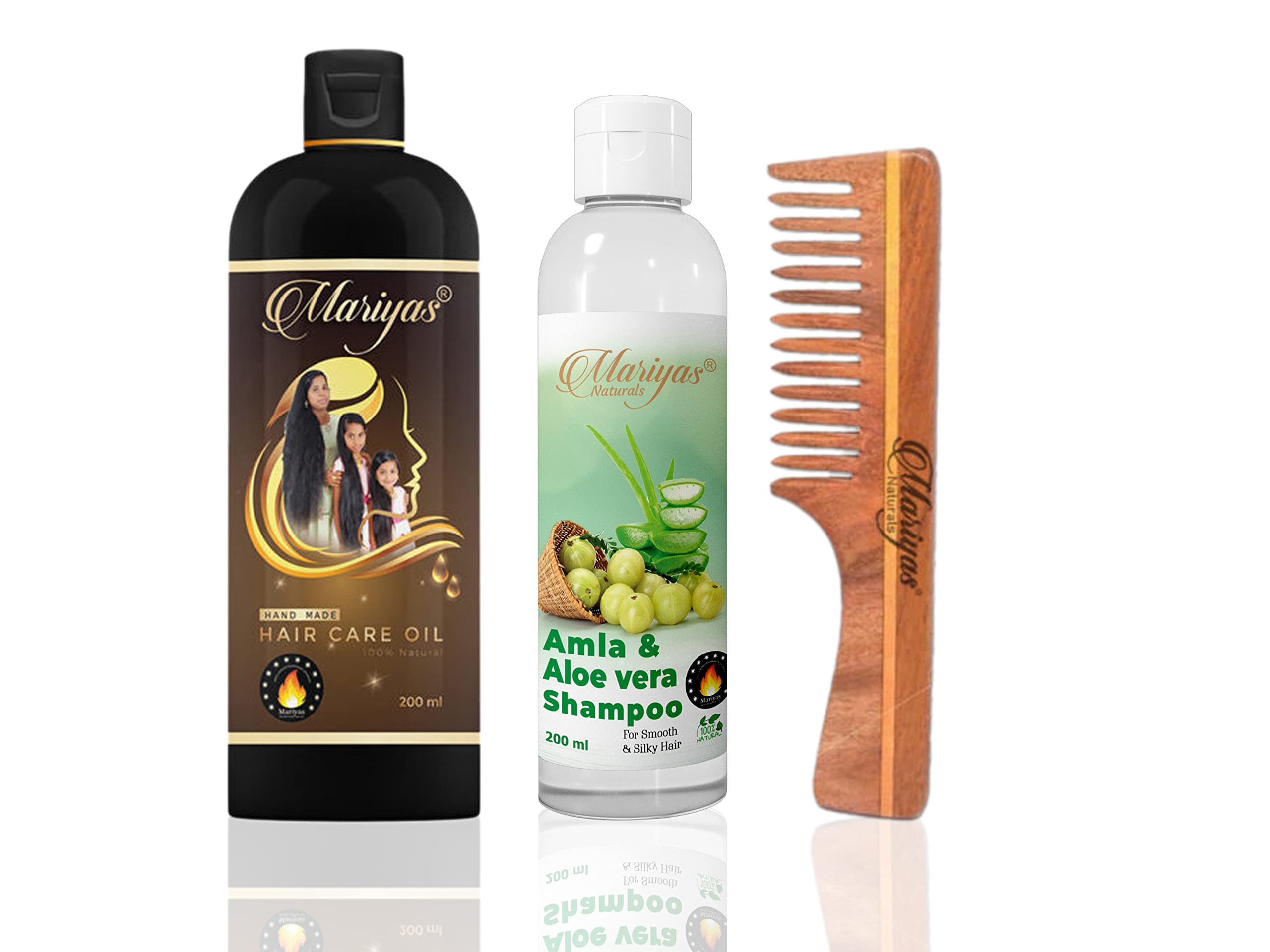 MARIYAS HERBAL HAIR CARE OIL Mariyas Herbal Mariyas Natural Hair Care Kit | Mariyas Hair Oil,200Ml,Amla Aloevera Shampoo 200 Ml & Oil Treated Neem Wooden Comb (Handle Comb)