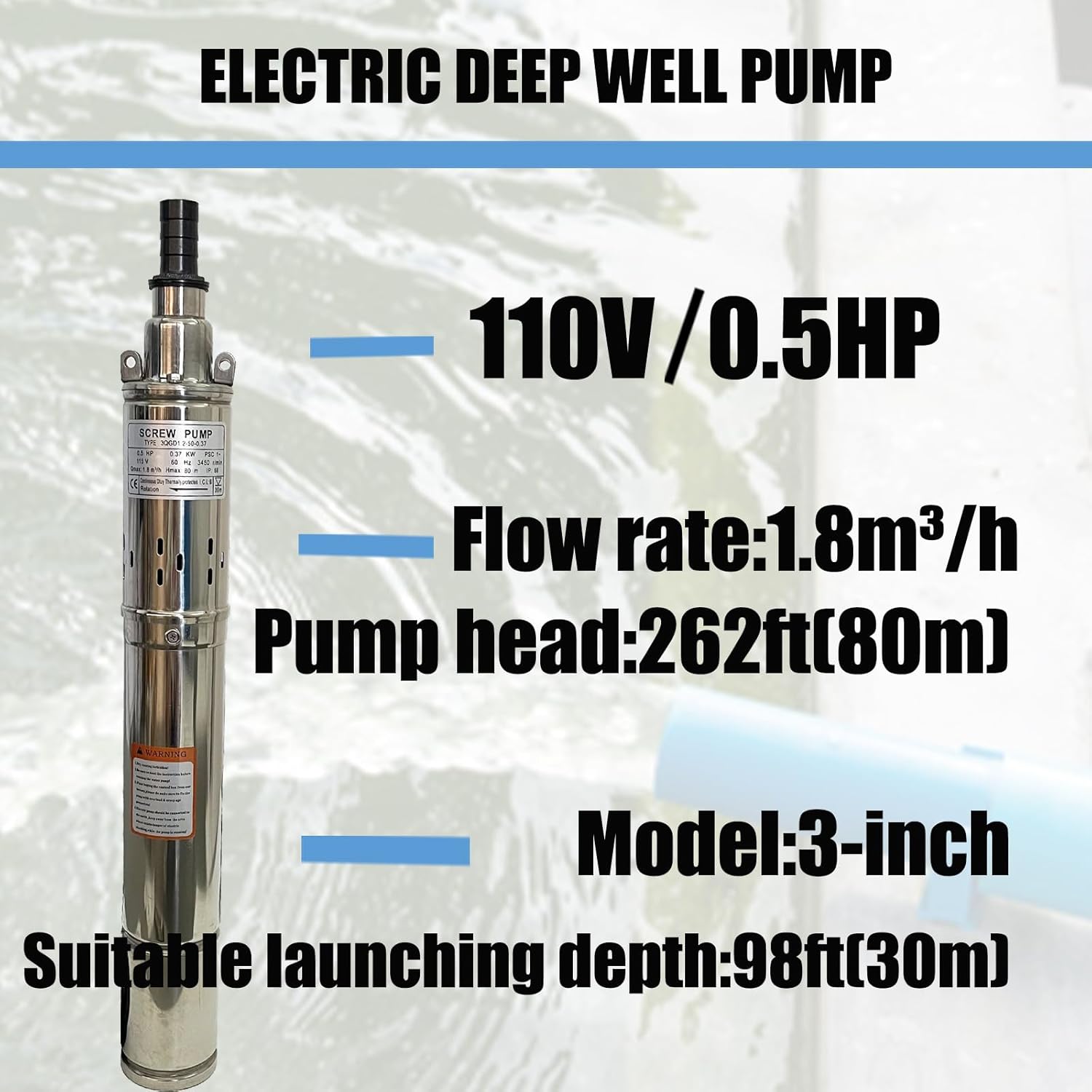 3 inch Electric Deep Well Pump 0.5HP 110V Stainless Steel Deep Well Pump Rotational Speed 3450r/min Suction Pump for Irrigation Household Industry