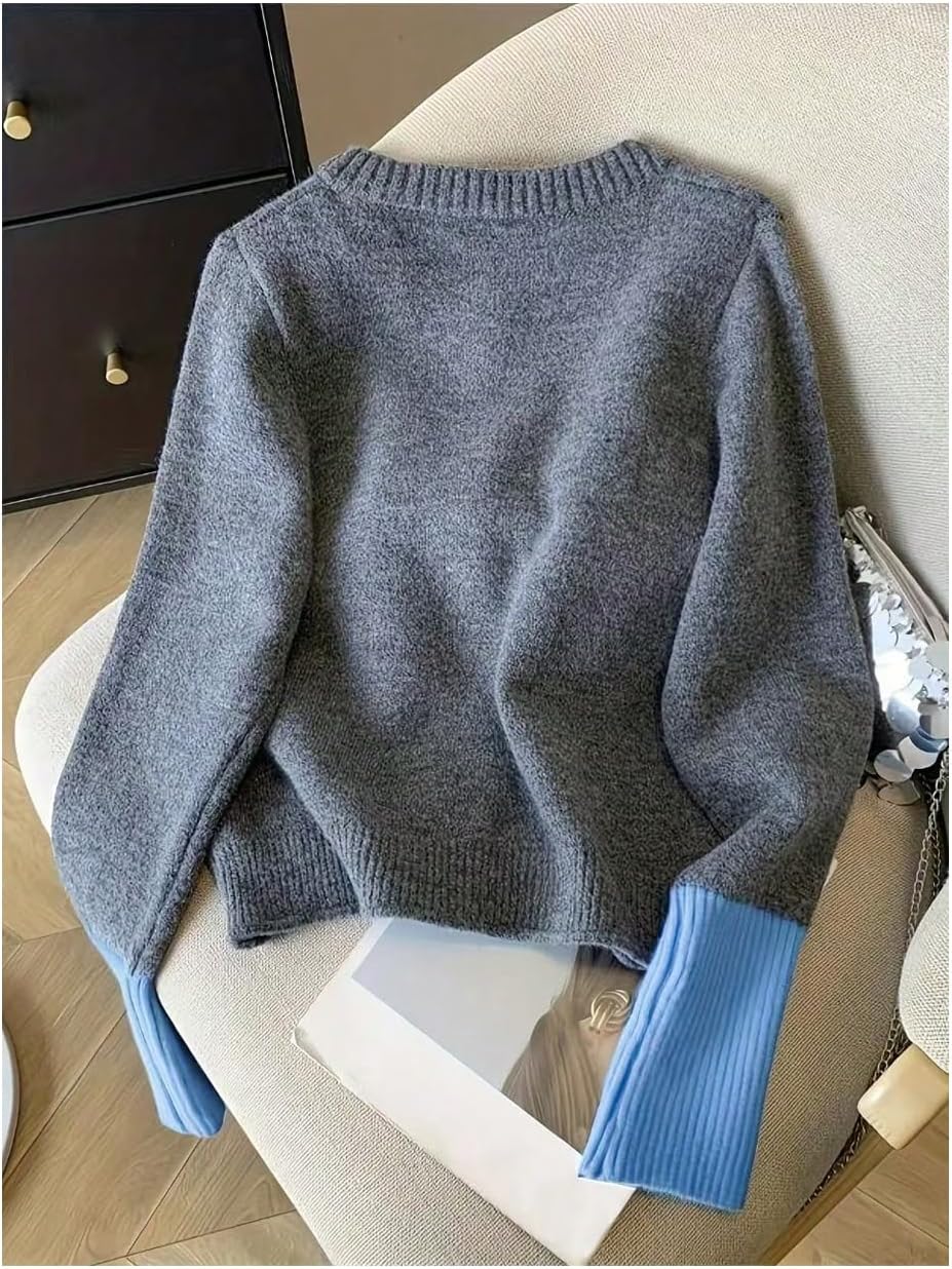 SHENHE Women's Button Down Crewneck Cardigan Color Block Soft Knit Fall Cardigan Sweater - Image 3