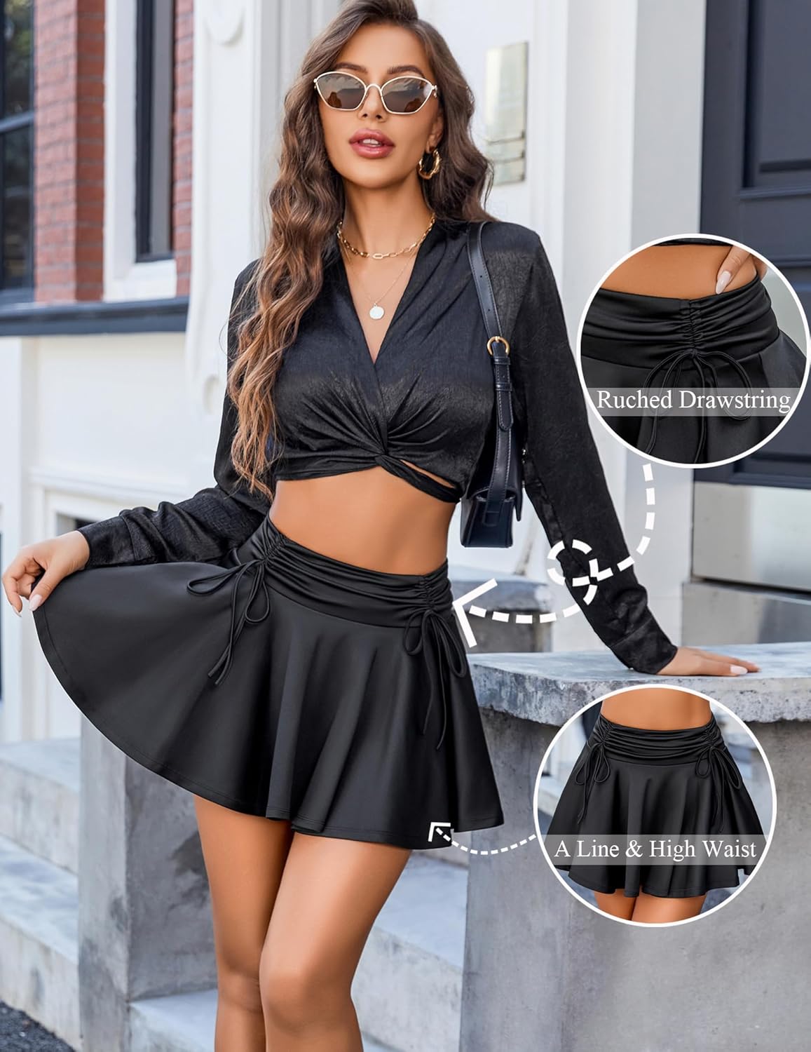 Avidlove Women Pleated Mini Skirt Y2k Drawstring Short Skirts Ruched Skater Skirt Cute Rave Outfit - Image 4