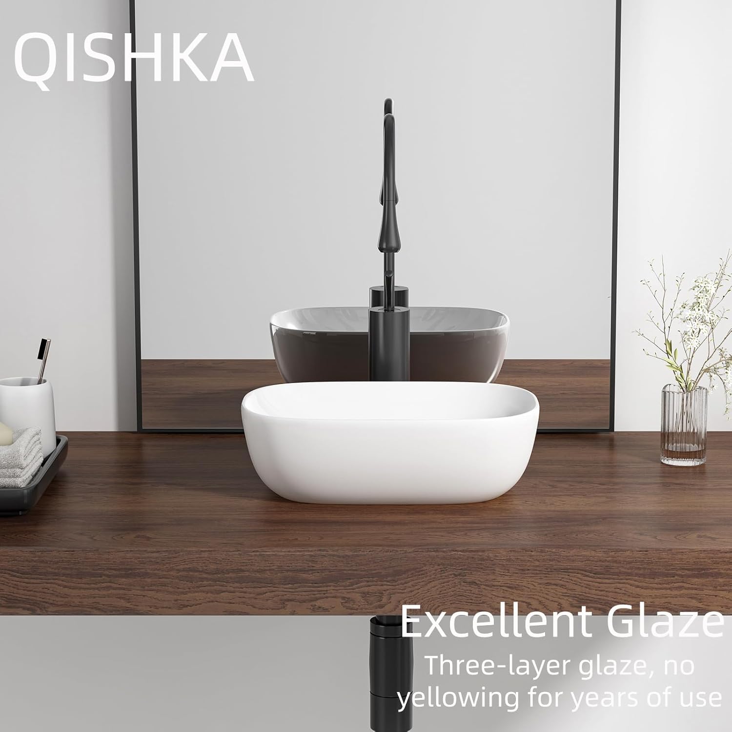 Small Vessel Sink Bowl Above Counter, QISHKA 14" x 10" Ceramic Oval Modern Bathroom Sink White Vanity Sink Lavatory Art Basin