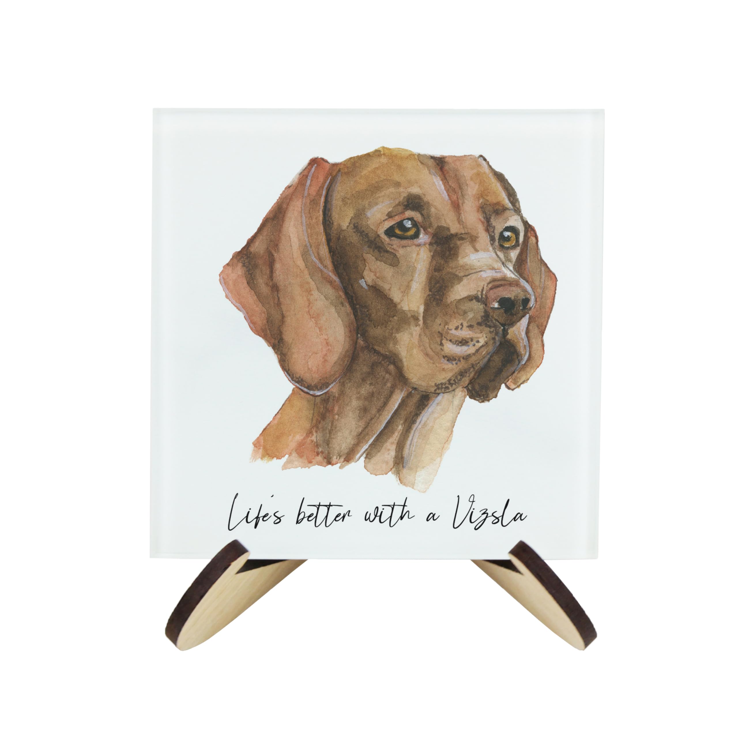 Vizsla Coaster Set - Life's Better With a Dog Gift - Square Glass Set of Four (4) Coasters & Wood-Effect Stand