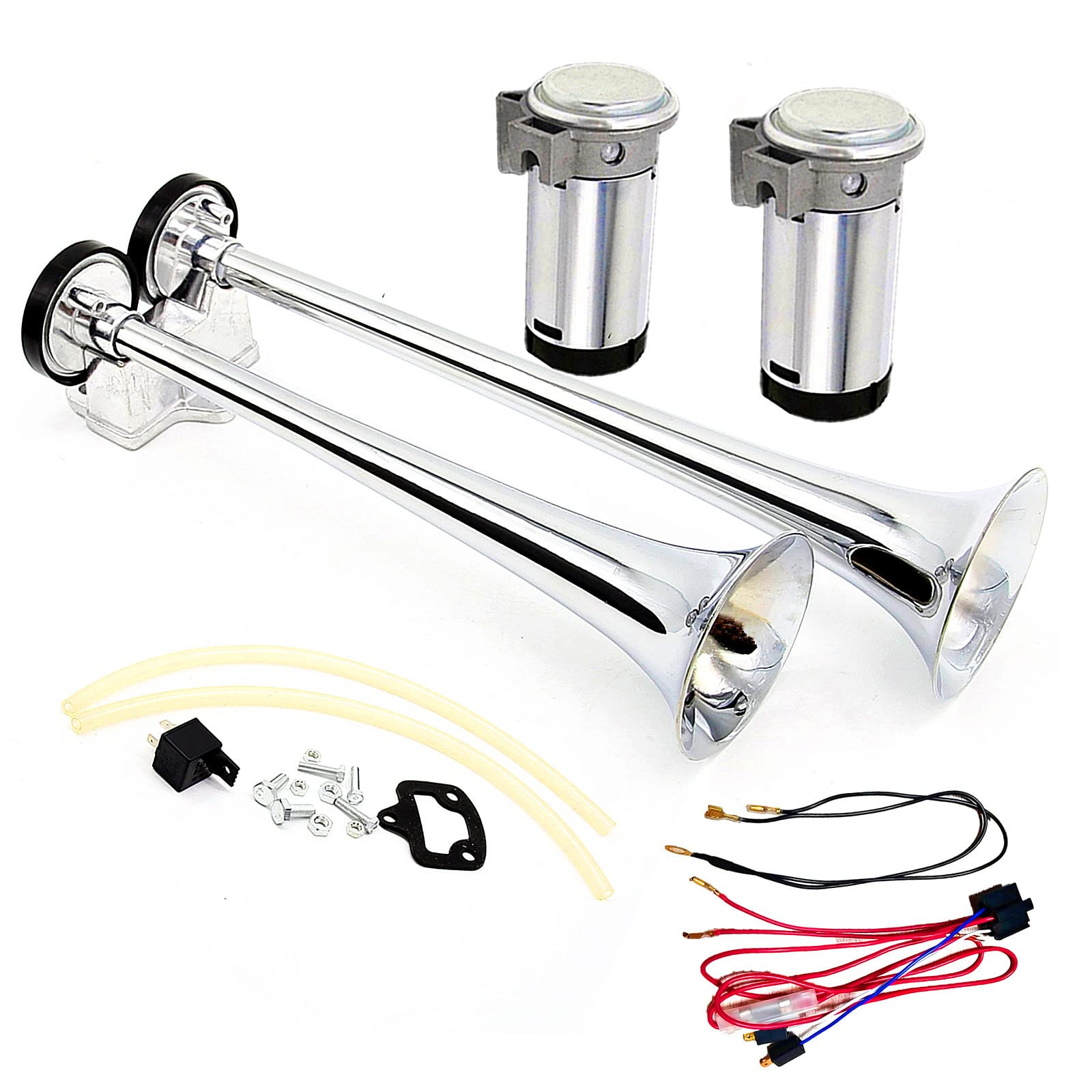 Klaxon de voiture Air Horn 165db Klaxon de camion 12V Haut-parleur de Trompette à double tube en zinc chromé argenté avec deux pompes à air Compresseur Car Horn pour 12V camion bateau SUV etc