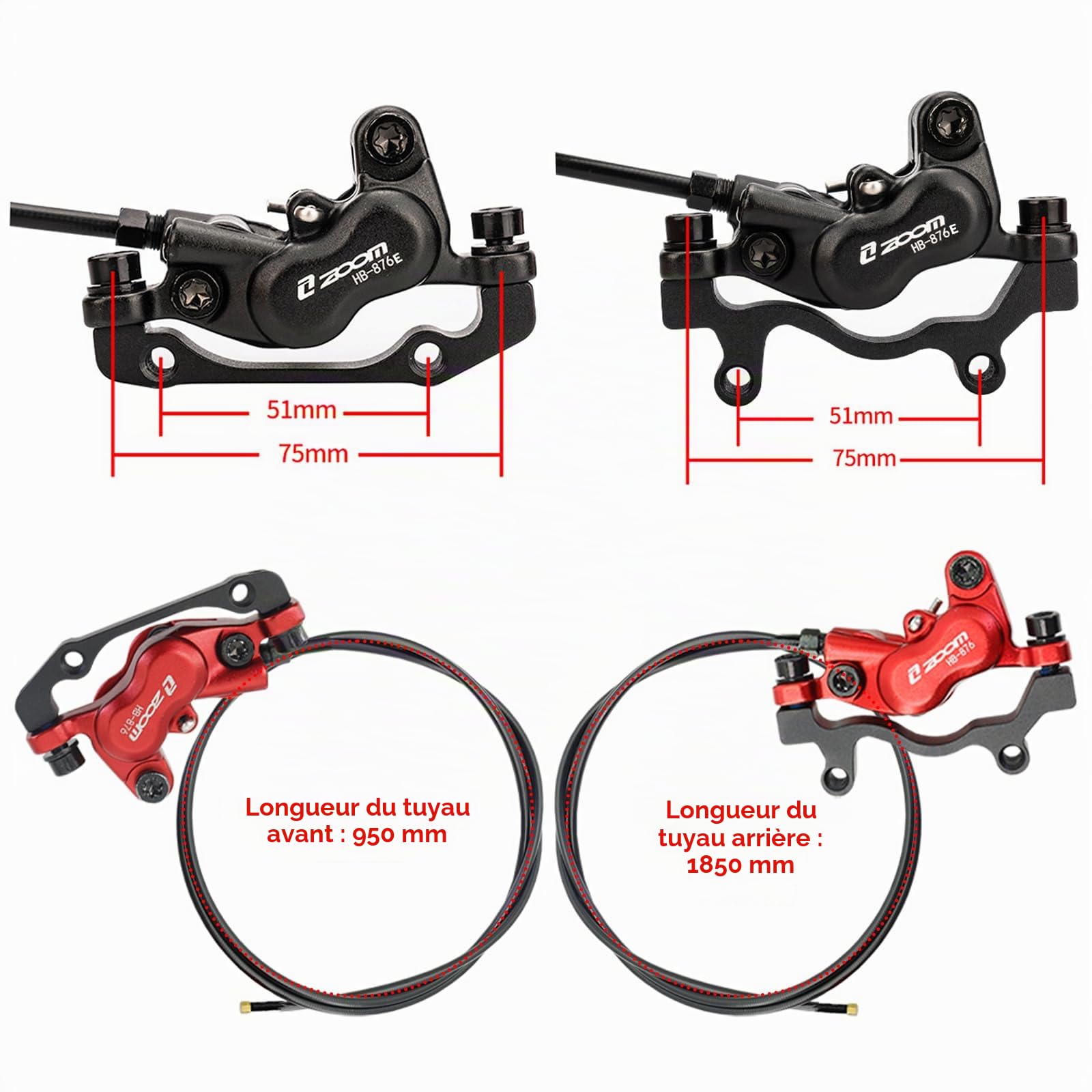 JFOYH Zoom HB876E Freins à Disque hydrauliques pour e-Bike – Système de Coupure Moteur 2/3-broches, étriers 4 Pistons, leviers pré-remplis, rotors 160 mm, kit prêt à Installer