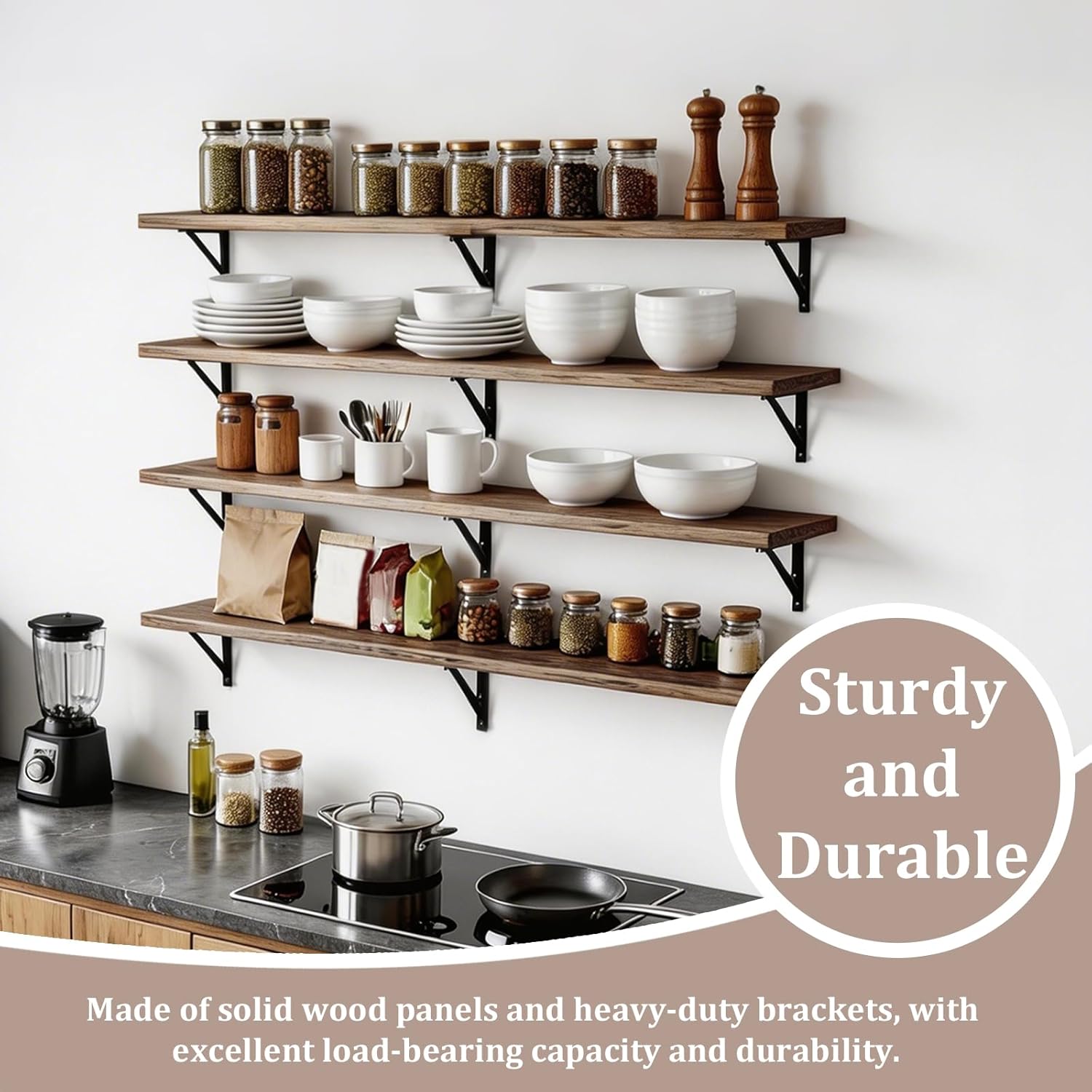 Floating Shelves for Wall 5-Tier Solid Wood Large Bookcase 72.05x11.81x7.87in Floating Shelves with Metal Bracket Wall Mounted Hanging Shelf Suitable for Kitchen Bathroom Coffee Bar