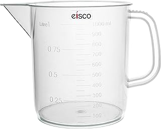 Plastic Pitcher, 1000mL (1L) - Short Form, Euro Design - Molded Graduations - Chemical Resistant & Autoclavable Polypropylene - Measuring Jug - Eisco Labs