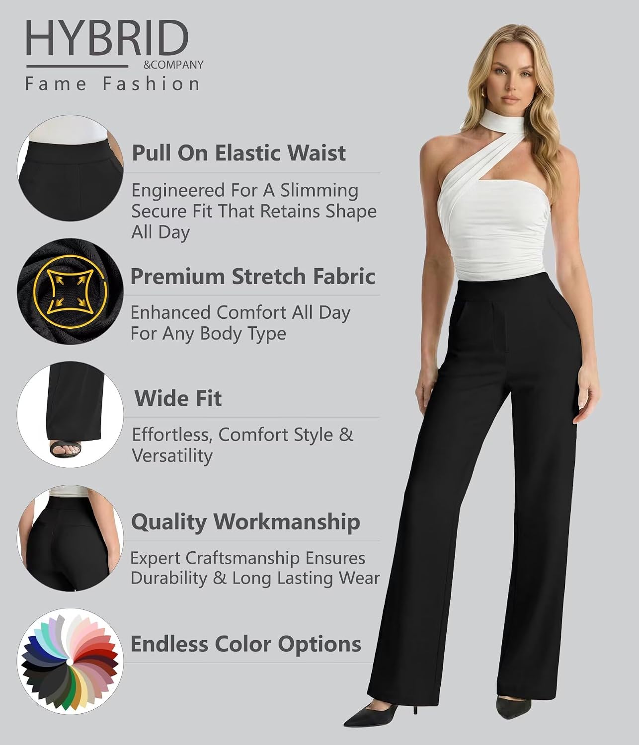 Hybrid & Company Women's Mid Rise Ponte Wide Leg Pants | Ultra stretch ponte fabric, mid rise fit, wide leg silhouette, pull on waist, faux pockets, casual and office wear