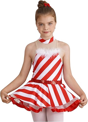 Yartina Disfraz de Navidad para niños y niñas, con lentejuelas, estampado de rayas, tutú de leotardo, vestido de leotardo para patinaje sobre hielo