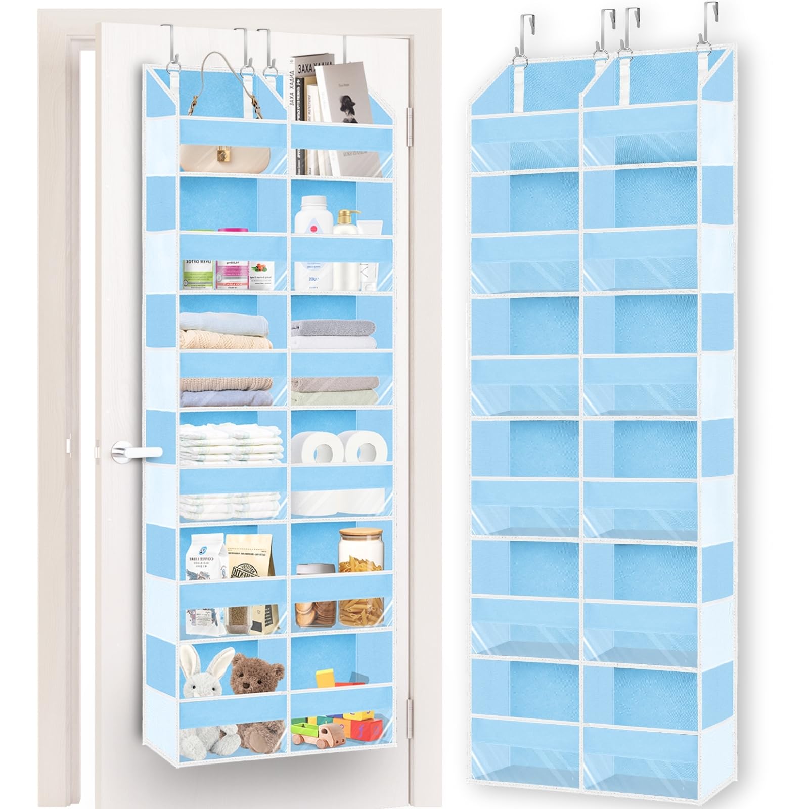 Over The Door Organizer 6 Tiers, Extra Large Behind Door Storage of 12 Compartments, 80 lbs Weight Capacity Hanging Storage Organizer with Clear Window Kids Toys,Shoes,Diapers,Room Storage,Blue — image 1
