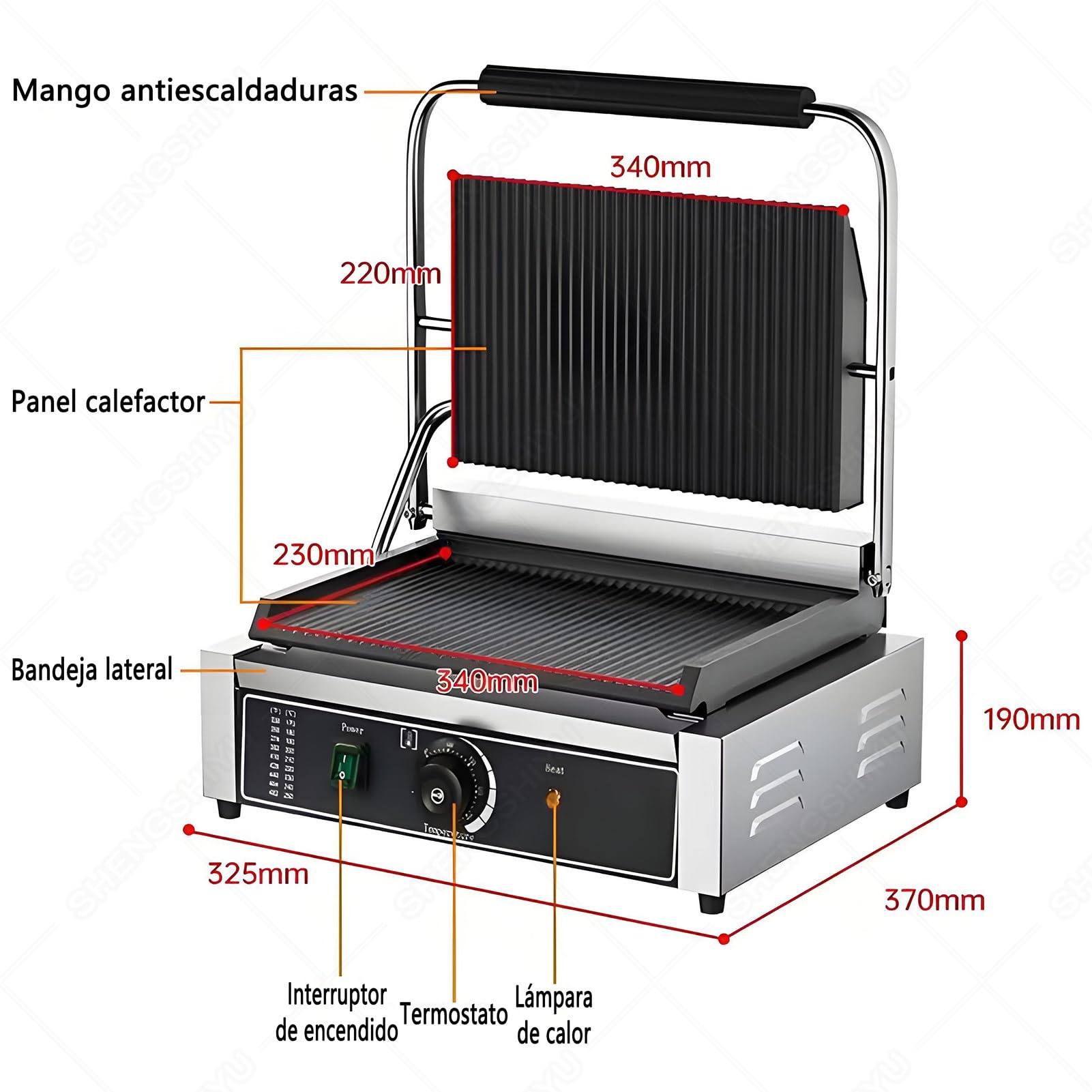 Profesjonalny Elektryczny Grill do Panini,Profesjonalny Opiekacz do Kanapek,Opiekacz do Burgerów,żebrowany Grill Kontaktowy,Regulacja Temperatury Pokrętłem (50~300°C) + Timer 1~5 Minut FY812