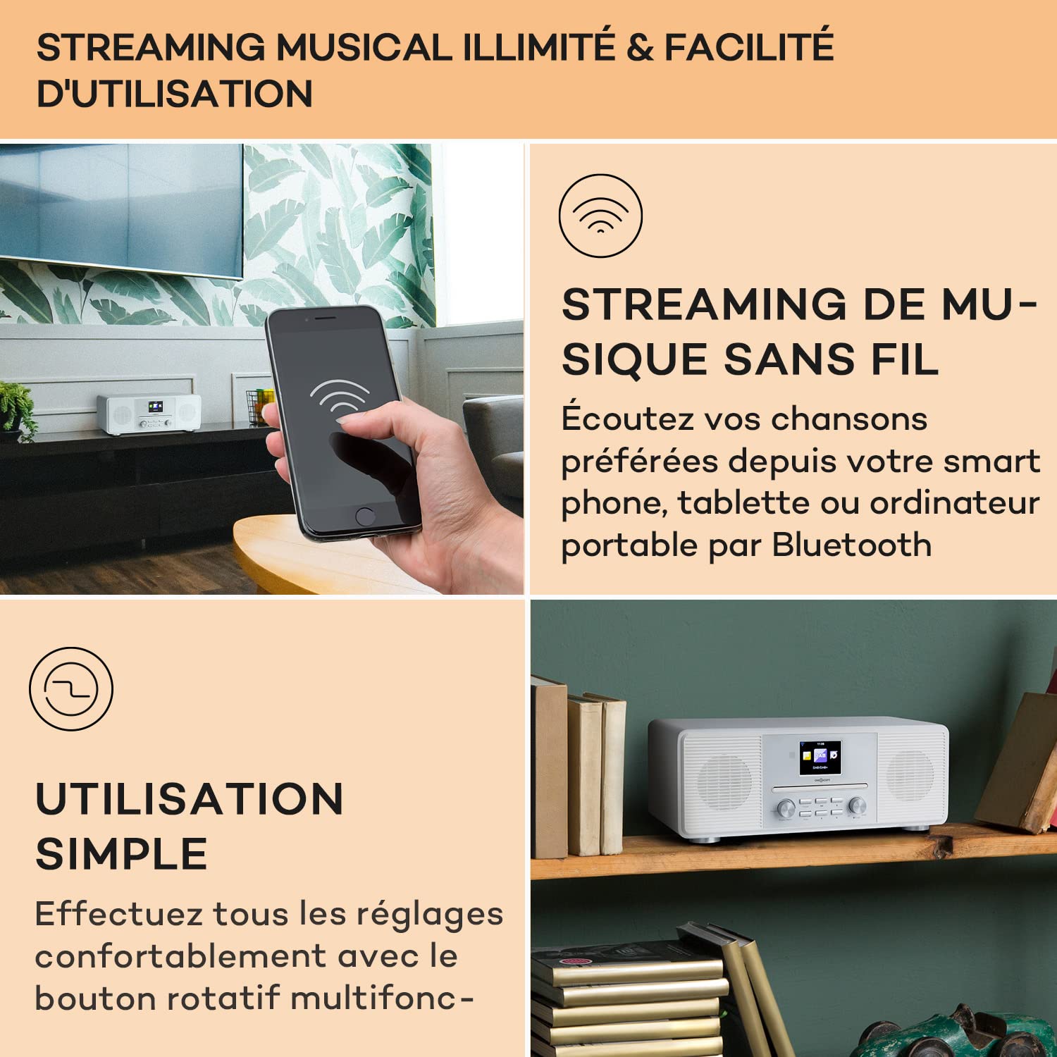 Oneconcept Radio Portable CD, Chaine HiFi, Poste Radio Numérique Dab/Dab+/FM et Streaming, Radio Portables Stéréo, Écran HCC, Radio FM, MP3, AUX, Alarme de Réveil, Télécommande, Alimentée au Secteur