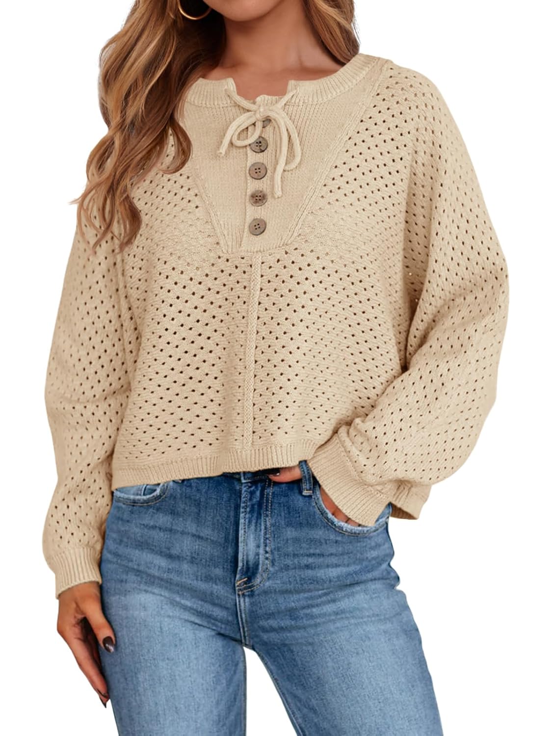 Saodimallsu Womens Crochet Button Sweaters Batwing Long Sleeve Henley Knit Shirts Drawstring Loose Trendy Sweater Tops