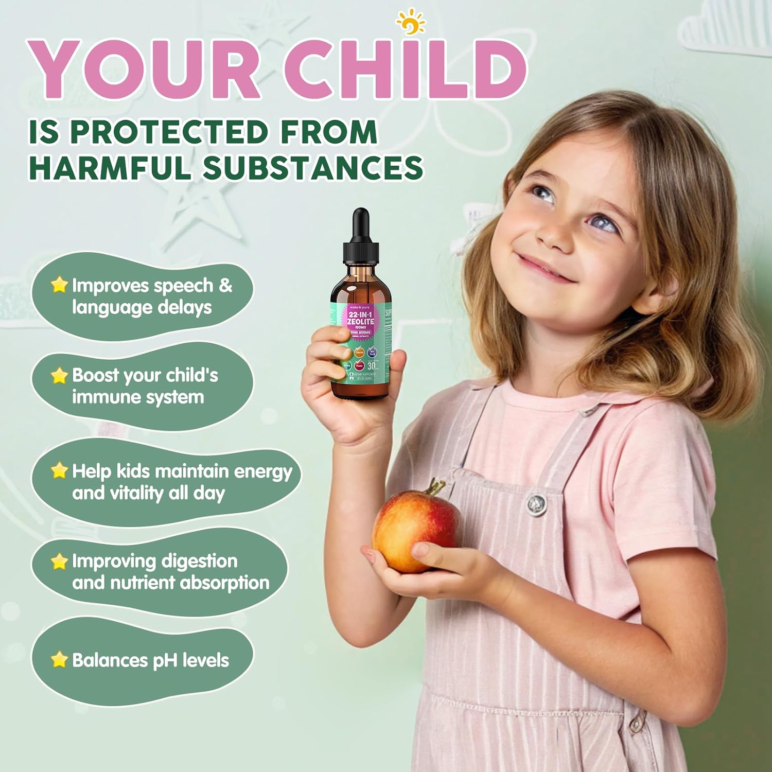 Zeolite Detox for Kids and Adults, Herbal Detox with 800mg DHA, 500mg Inulin, Probiotics & Vitamin B12, D3, C, B6, Cilantro Extract Cleanse to Support Brain, Immune, Gut, Energy, Strawberry, 60ML