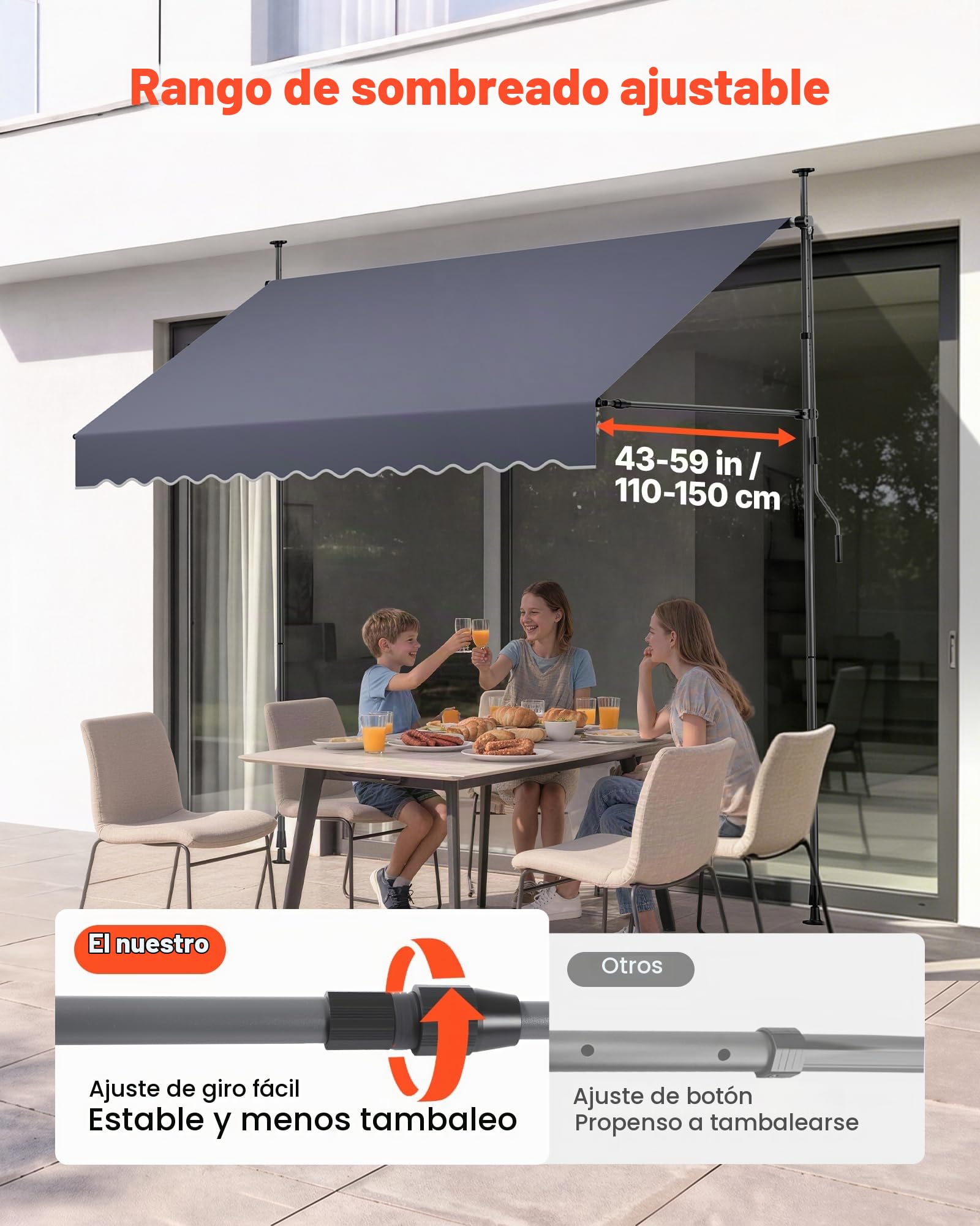 VEVOR Toldo Manual Retráctil 250 cm, Toldo Enrollable Exterior, Altura Ajustable, Protección Solar UV, Estructura de Aluminio, Manivela Articulada, Instalación sin Taladro, Parasol para Jardín Balcón