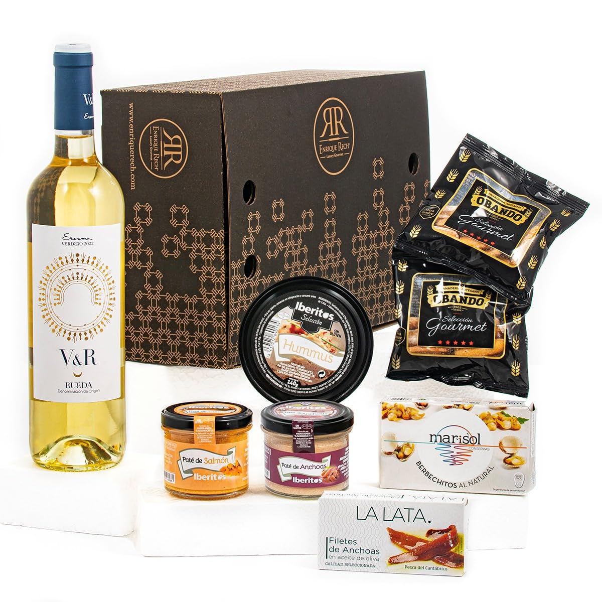 Cesta Regalo Gourmet Vino Blanco Verdejo Paté Brandada Bacalao Salmón Hummus Garbanzo Berberechitos Marisol Anchoas Picos Artesanos