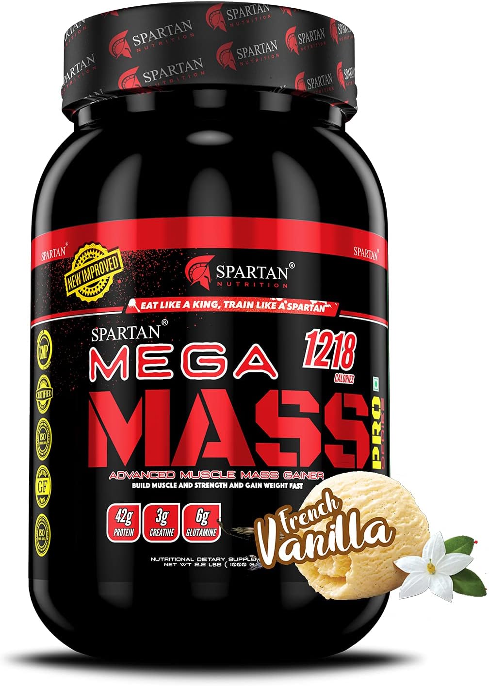 Spartan Nutrition Mega Mass Pro High Protein and High Calorie Mass Gainer / Weight Gainer Powder - 2.2 lbs, 1KG (French Vanilla) with Vitamins and Minerals