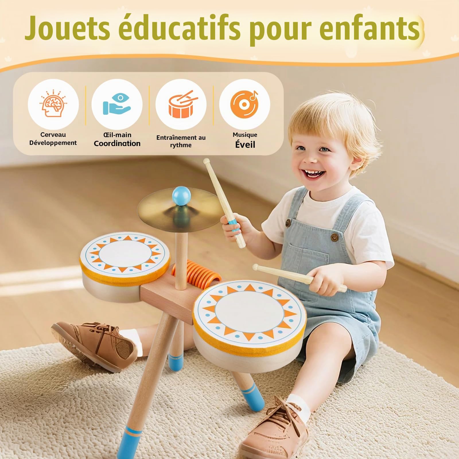 Set de Tambour Montessori en Bois pour bébé 1 an+, Enfants 1-3 Ans | Instrument de musique bébé avec accessoires, sons doux et jeu d’éveil, cadeau 1 an pour anniversaire/Noël fille ou garçon
