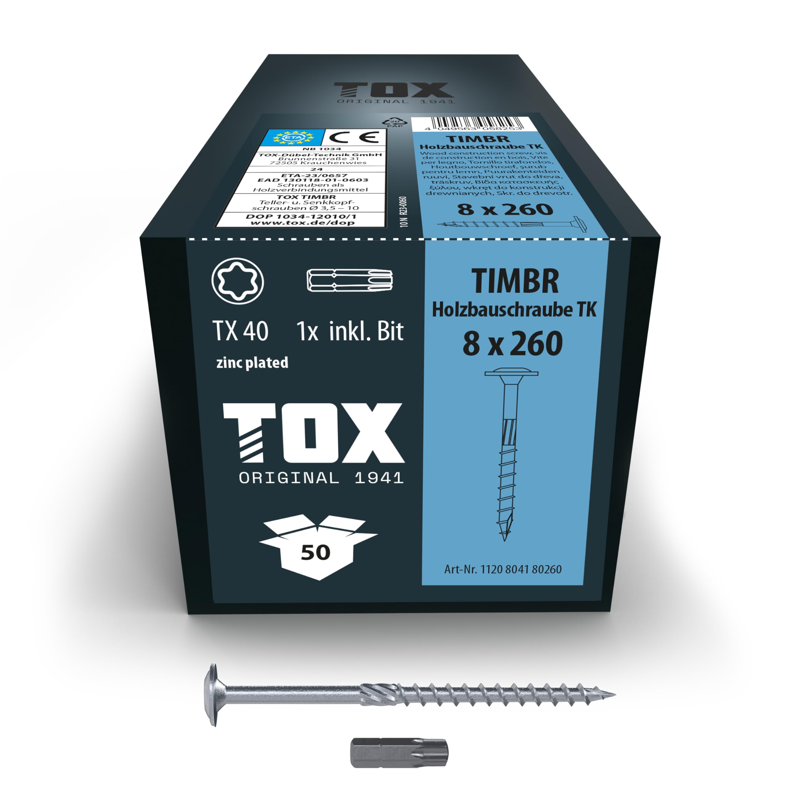 TOX Timbr TK 1120804180260 Wood Screws 8.0 x 260 mm, Blue Galvanised with Flat Head, TX40