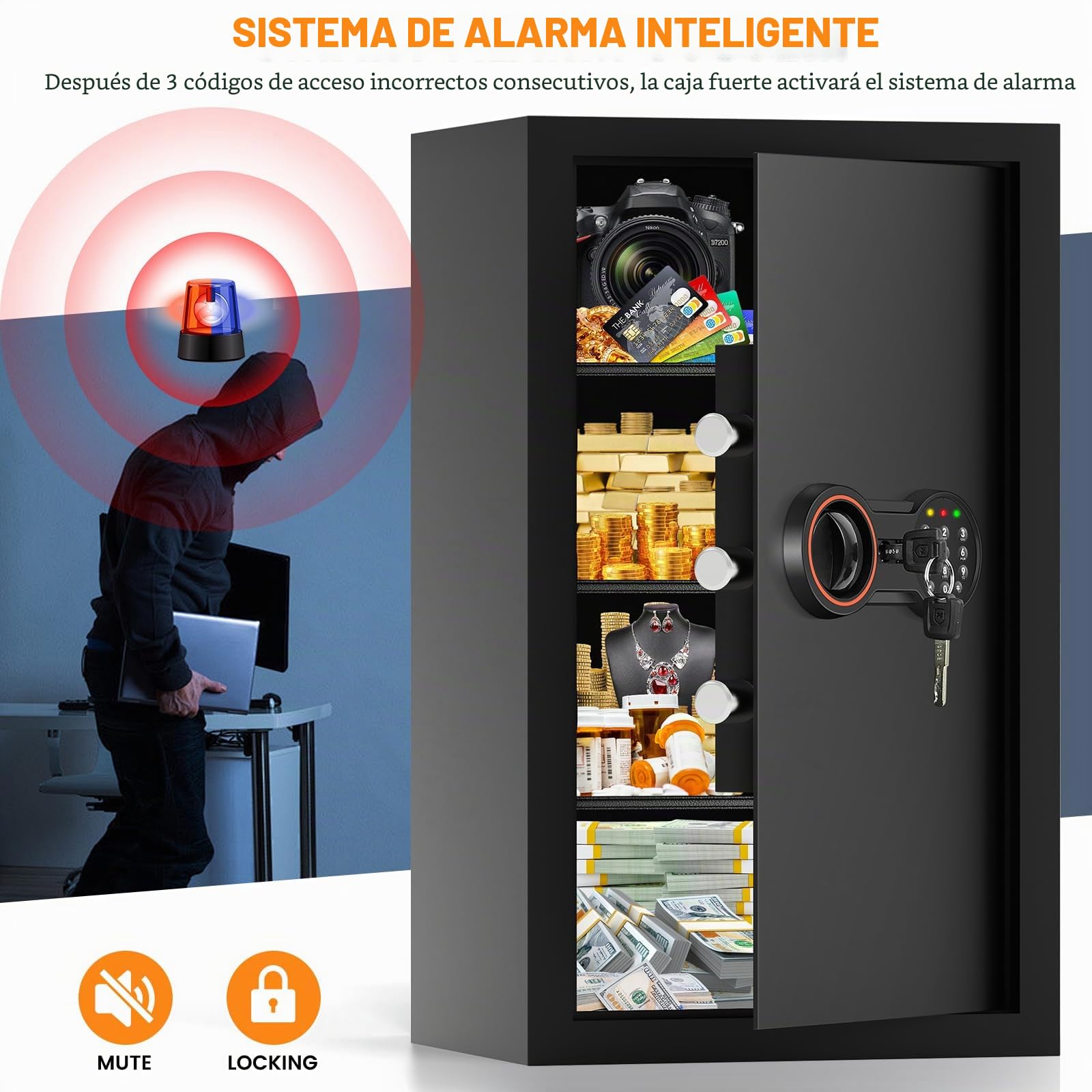 85 l extra grande incombustible caja fuerte para el hogar, caja fuerte ignífuga resistente al agua con llave, luz con sensor y 3 estantes extraíbles, caja fuerte antilibro para dinero, documentos