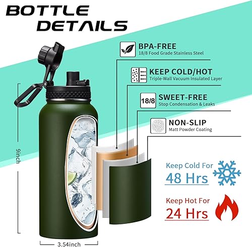 Miniatura 4 de Botella de agua aislada de acero inoxidable al vacío, 32 onzas, dura frío 48 horas y caliente 24 horas, con tapa de popote y boquilla, a prueba de