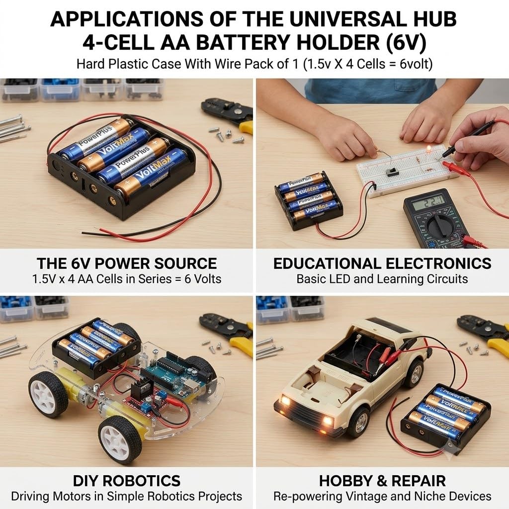 UNIVERSAL HUB 2 Pcs AA 4 Cell Battery Holder Hard Plastic Case with Wire Pack of 1 (1.5v X 4 Cells = 6volt) 2