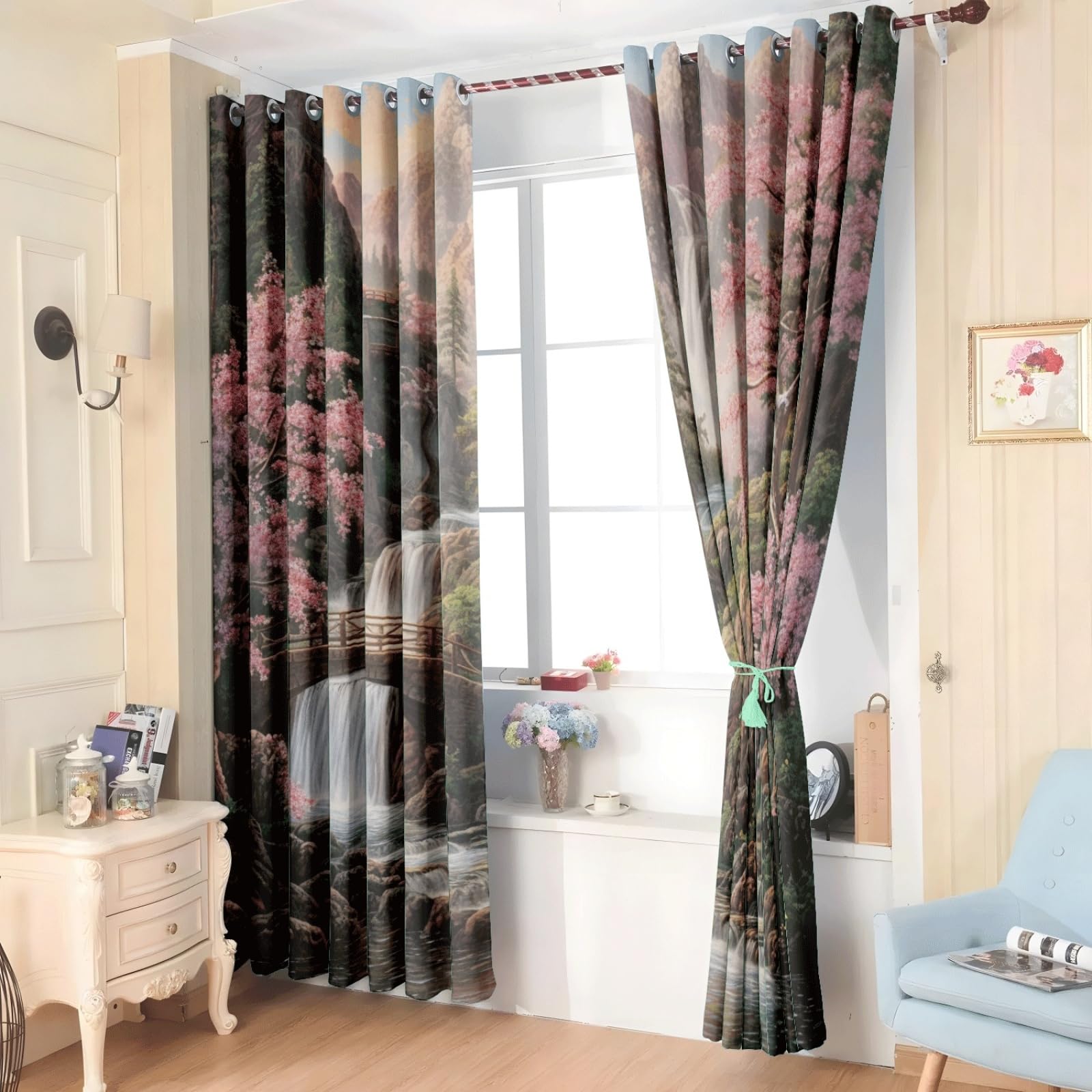 Curtain Braun Berg Rosa Gardinen Polyester Vorhang mit Ösen Blackout Curtain Waschbar Vorhänge mit Ösen Living Room Thermovorhang Schlafzimmer Verdunklungsvorhänge Blickdicht 2x140x160cm