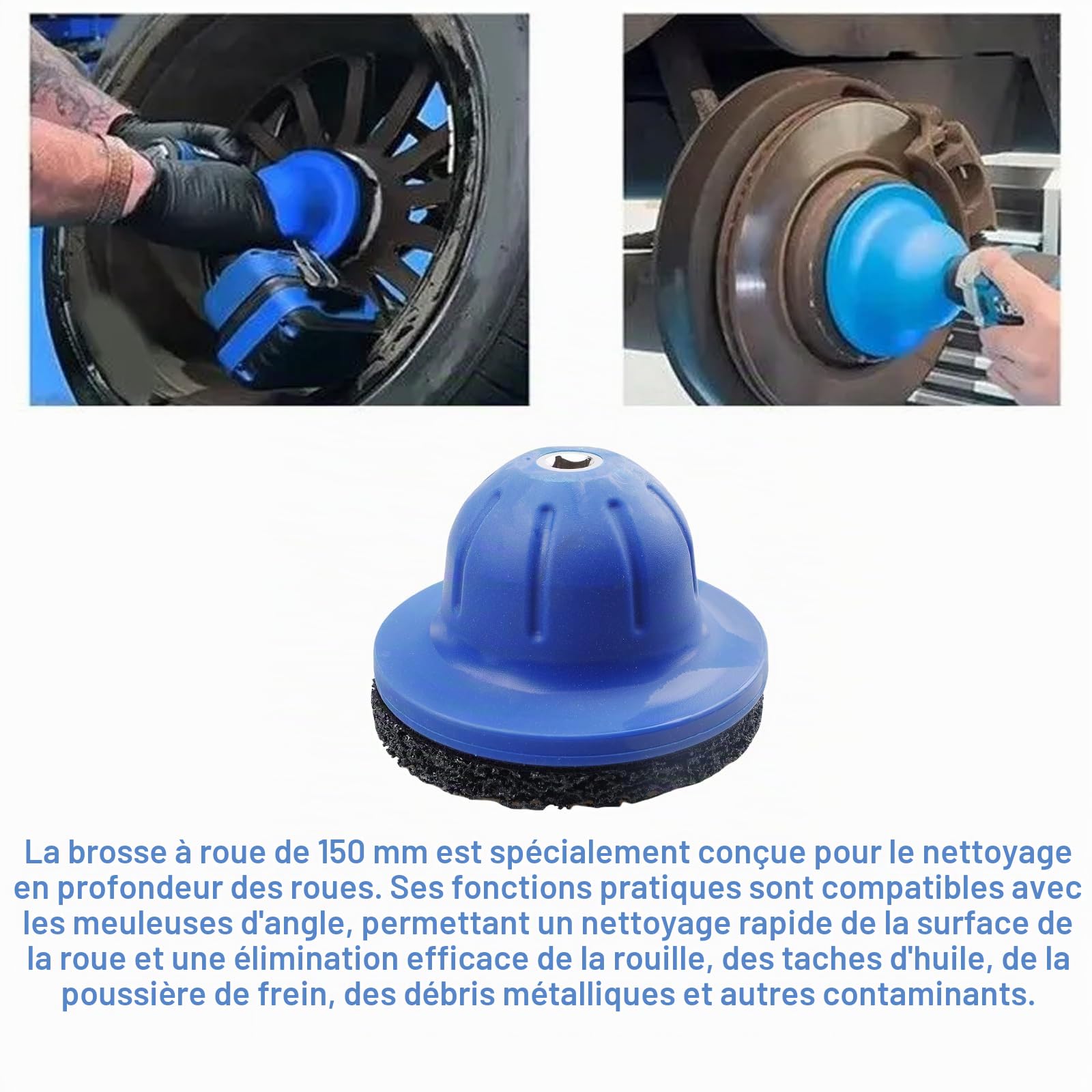 Brosse de moyeu de roue 150 mm : diamètre intérieur 90 mm brosse à godet pour le nettoyage, ponceuse de moyeu de roue en plastique avec clé de 1/2 pouce pour le changement de pneus et le