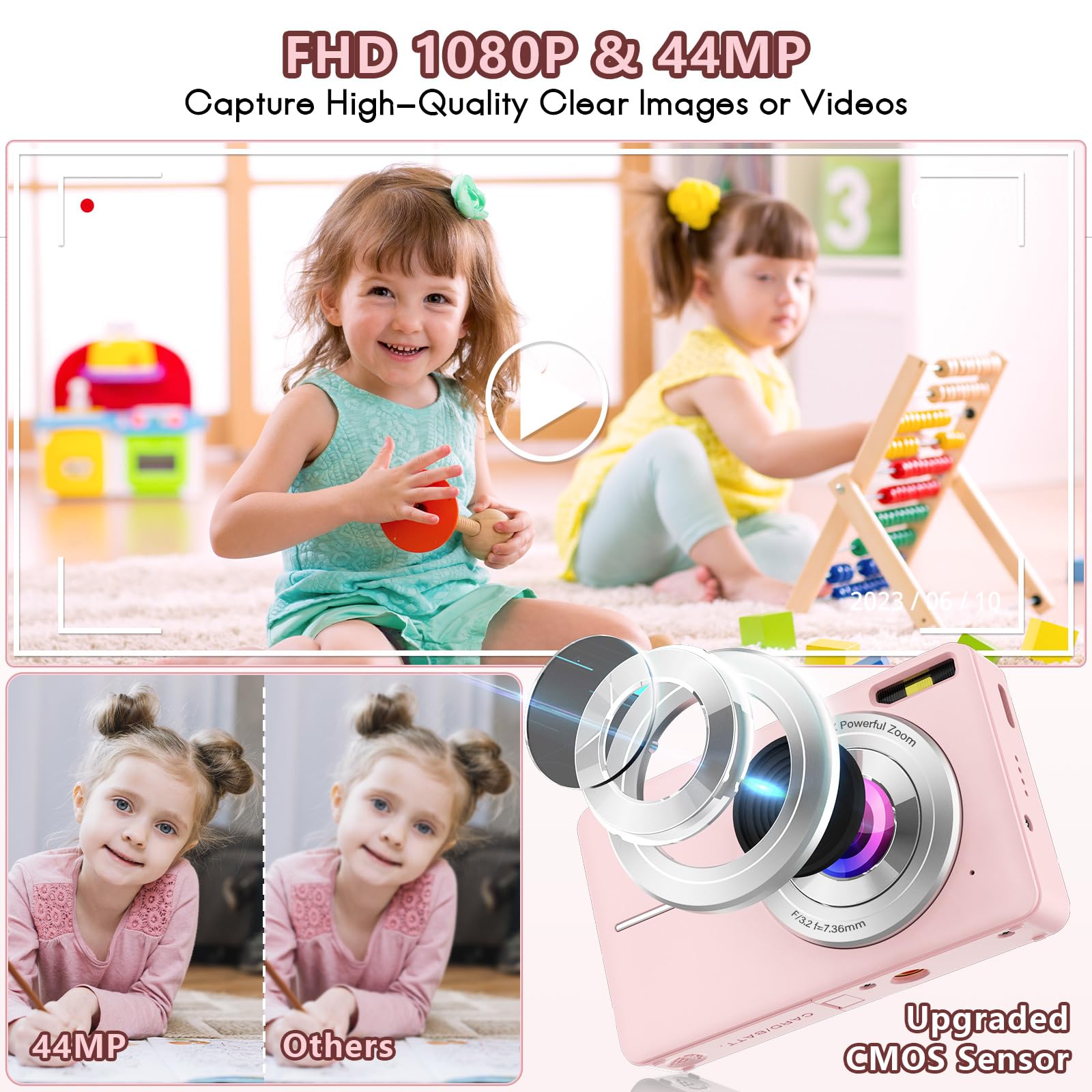 Nicamery Digitale camera, 44 MP, 1080p HD fotocamera met 32 GB kaart