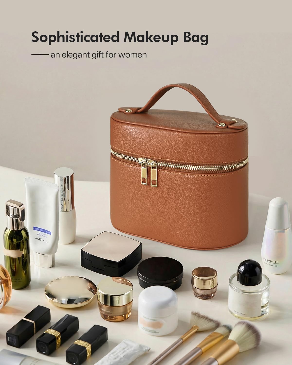 Prite 2 Pcs Trousse Maquillage Femme Vanity Case Voyage Portable Trousse de Toilette Cuir Rigide avec Séparateur et Trousse à Brosse Amovibles (Marron)
