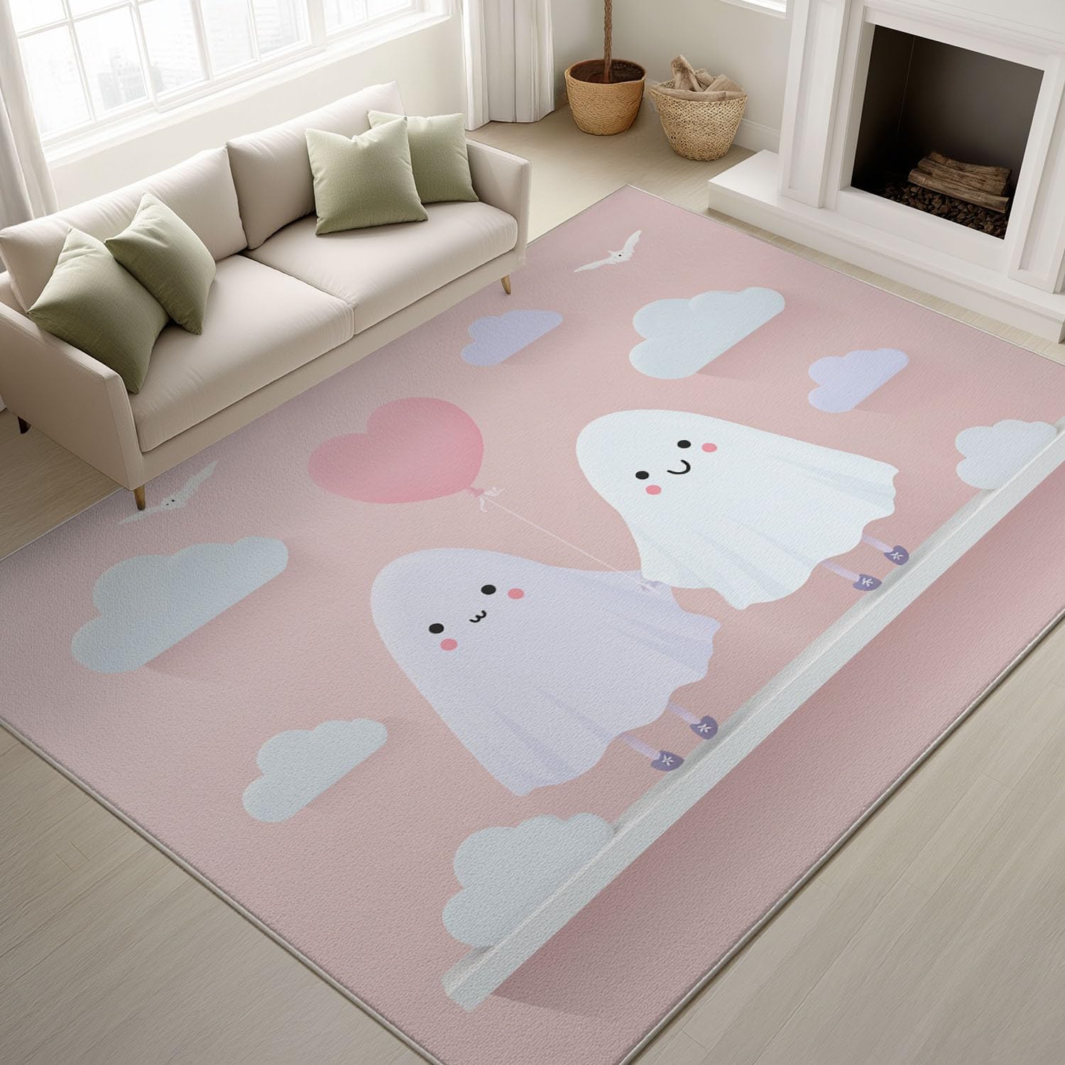 Tapis imprimé rose amovible et lavable créant un univers magique dans la salle à manger