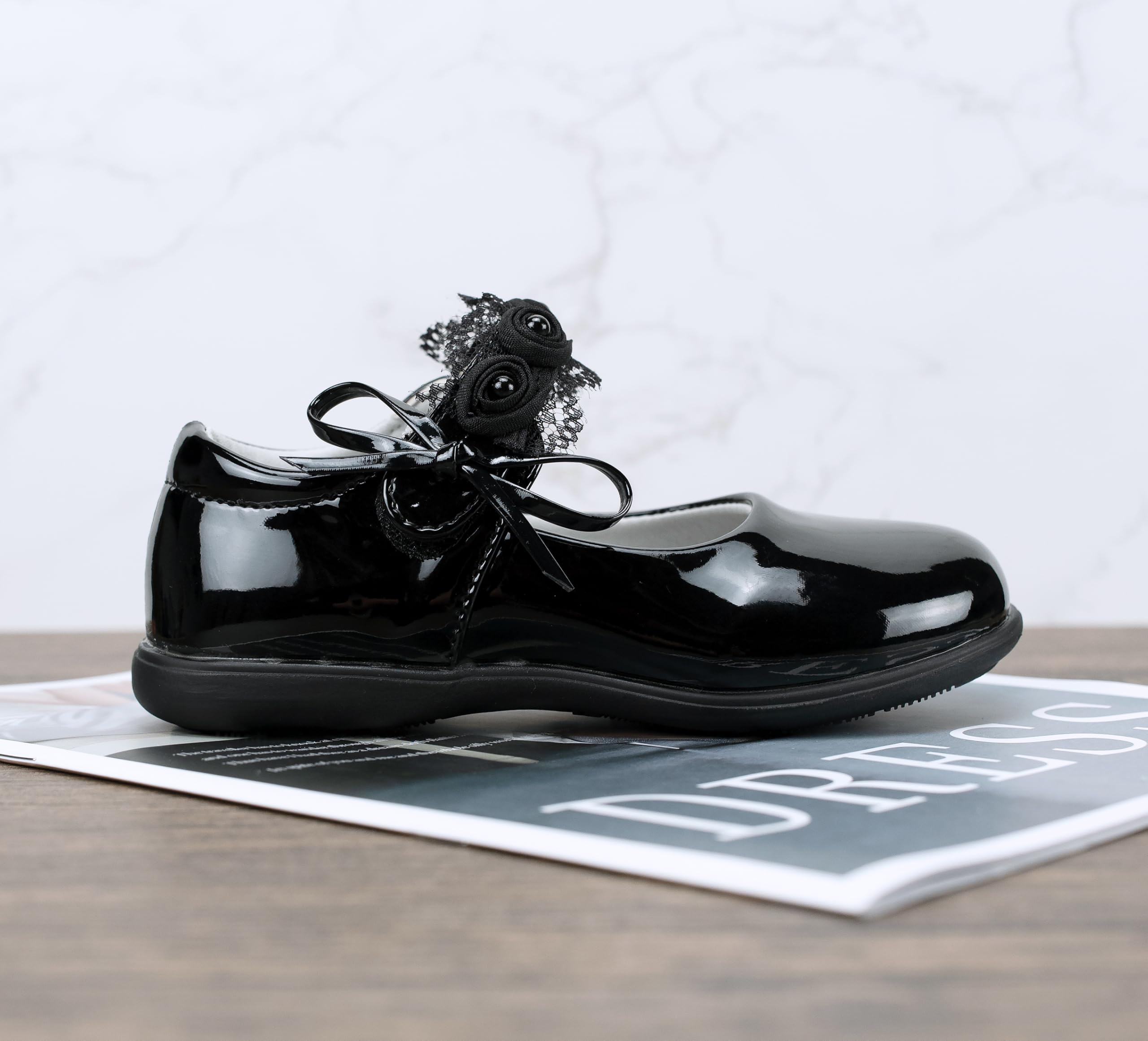Scarpe Mary Jane Eleganti per Ragazze Scarpe Ballerine Basse con Fiocco Pizzo Bianche e Nere per Matrimonio, Festa, attività, Scuola
