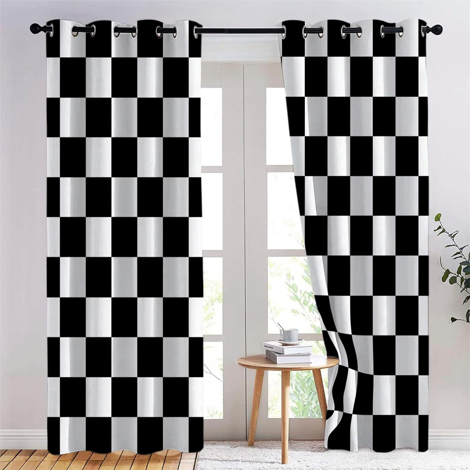 Rideaux Occultants Chambre Rayures Damier Noir, Rideaux à Œillets pour Salon et Chambre d'enfant Style Géométrique - Décoration de Fenêtre 183L X 214H cm Panneaux Isolants Thermiques et Phoniques