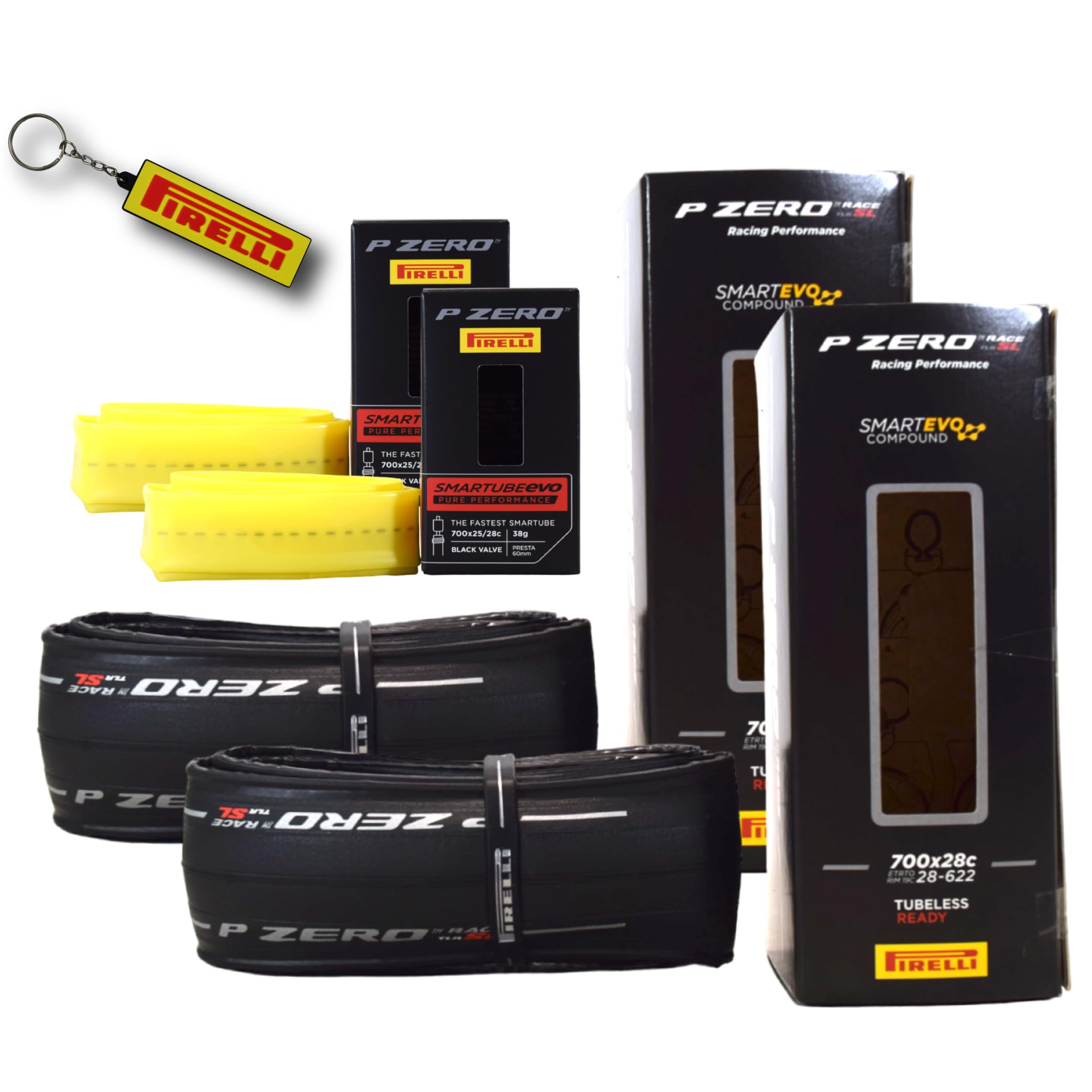 Pirelli P ZERO Race TLR SL 28-622(700x28c) & SmarTUBE EVO 25/28-622 700C Road Bike Tire & Presta Tube Set- Super Lightweight, Bicycle Tire & Tube Set for Road Racing -SmartEVO Compound w/Keychain(2Pk)