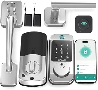 SMONET Smart Lock Front Door Lock Handle Set,WiFi Door Locks for Entry Door,Keyless Entry Fingerprint Keypad Smart Deadbolt,Alexa Compatibale,App RemotecControl,Auto Lock,Silver