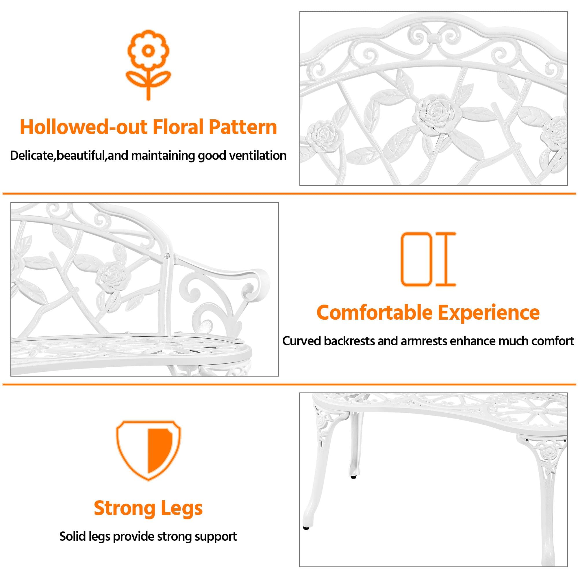Detailed view of the bench's hollowed-out floral pattern, curved armrests, and strong legs