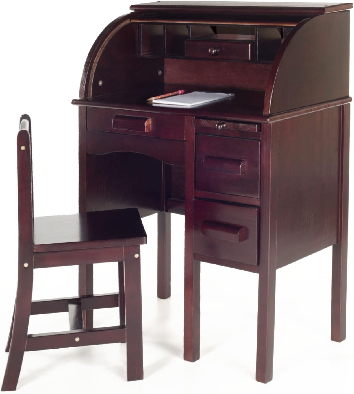 Guidecraft Jr. Roll-Top Study Desk and Chair Set Espresso - Dark Cherry Storage Shelf, Kids Furniture