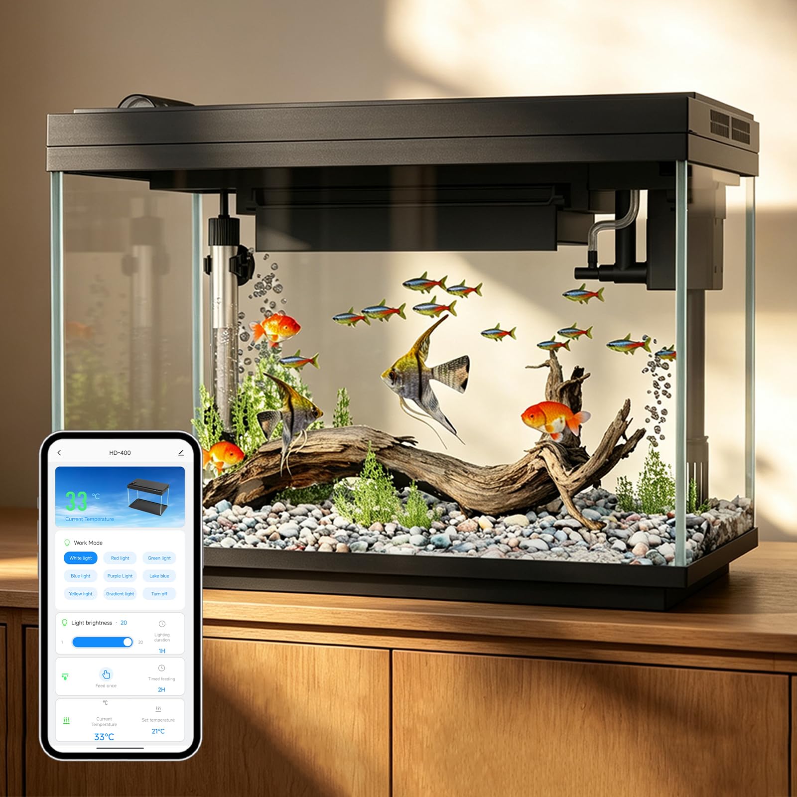 Smart Fish Tank, 5.8Gallon Fish Tank,App-Controlled Self-Cleaning,Heating Rod Smart Temp Display &amp; Automatic Feeding, 7-Color LED, Silent Filter, Betta Aquarium Kit.