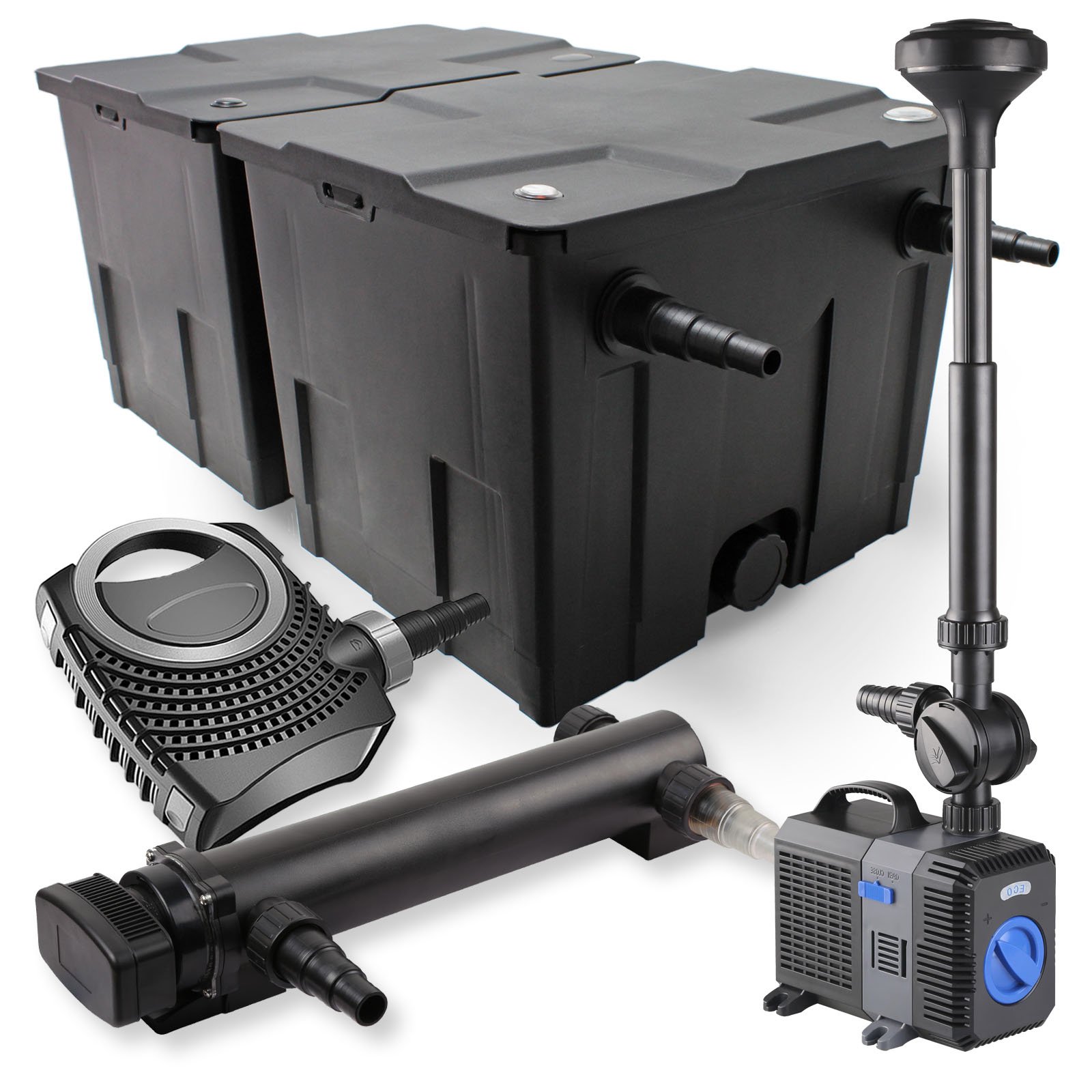 SunSun Kit complet: CBF-350B Filtre de bassin jusqu'à 60000L Biologique, NEO10000 pompe de filtration 10000l/h 80W, CUV-336Lampe uv UVC Clarificateur avec 36W, CTP-5003 Pompe pour fontaine 5000l/h 30W