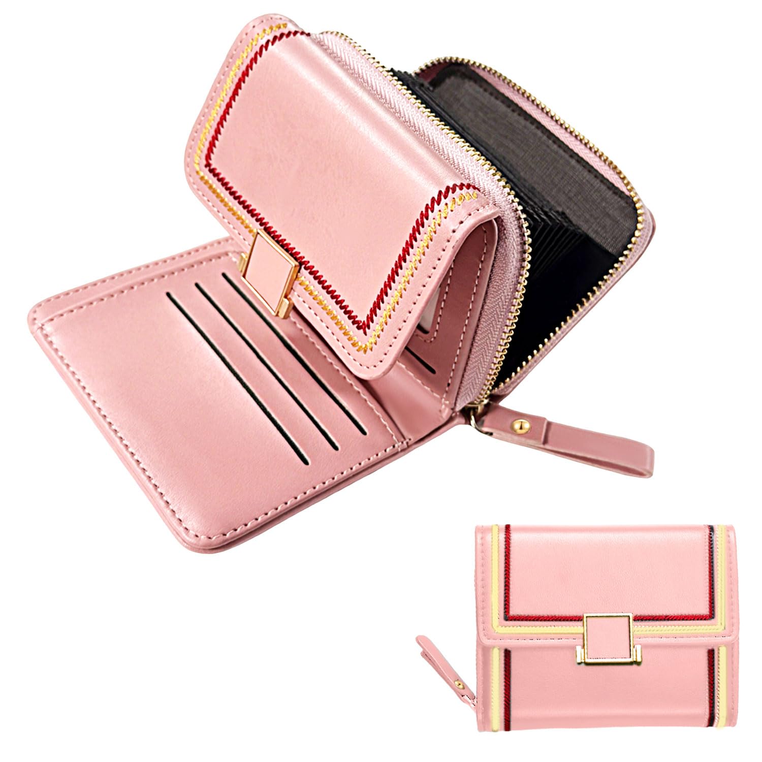 Small Wallet for Women, PU Leather Purse for Women Wallet, Vintage Ladies Wallet with Zipper Card Holder (Pink)-image-37