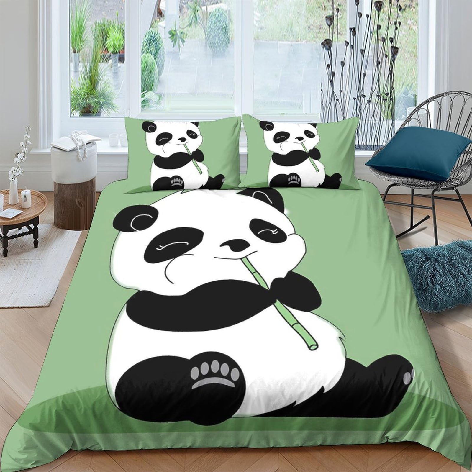 Ctjqhvkz Style-2 3D Printed Cute Panda Fitted Sheet Microfiber Soft Green Cartoon Bamboo Bed Cover For Bedroom Dorm Mattress Protection Decor Single（135X200cm）