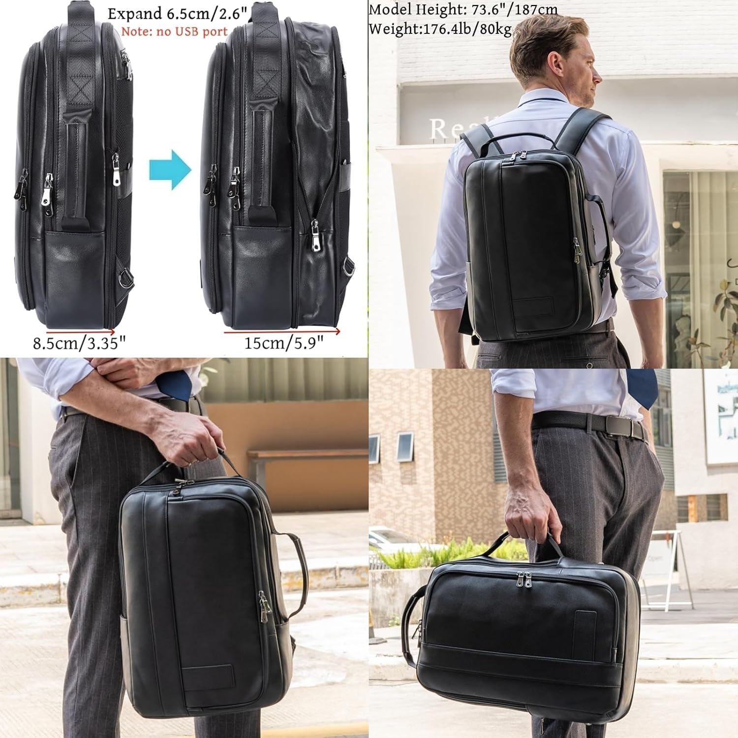 Masa Kawa Slim Leather 15.6" Laptop Backpack for Men Convertible Briefcase Backpacks Expandable Black Business Work Bag Slim Travel Daypack - Image 2