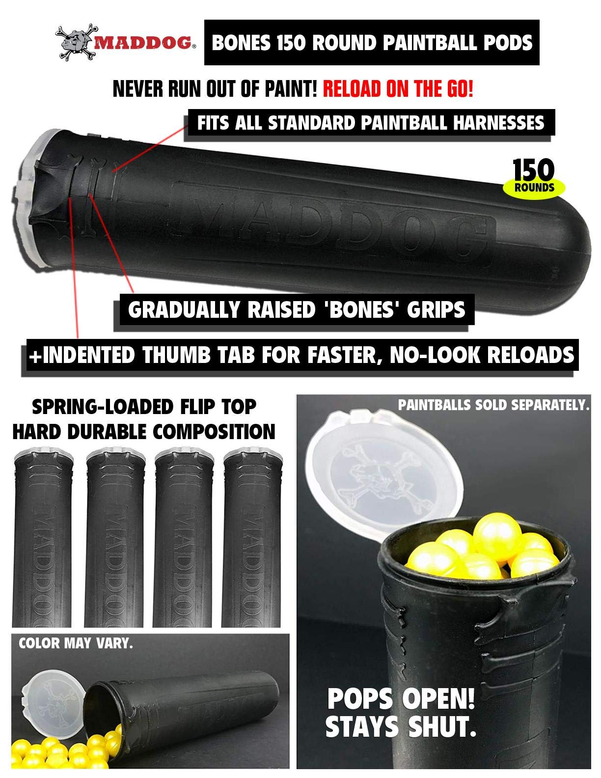 Maddog 150 Round Bones Paintball Pod - Black - 6 Pack