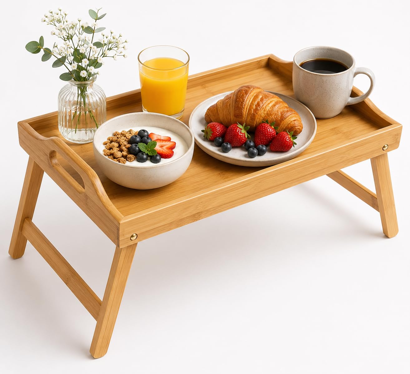 ALAYSTAR Bamboo Bed Tray Table with Folding Legs & Handles 40cm