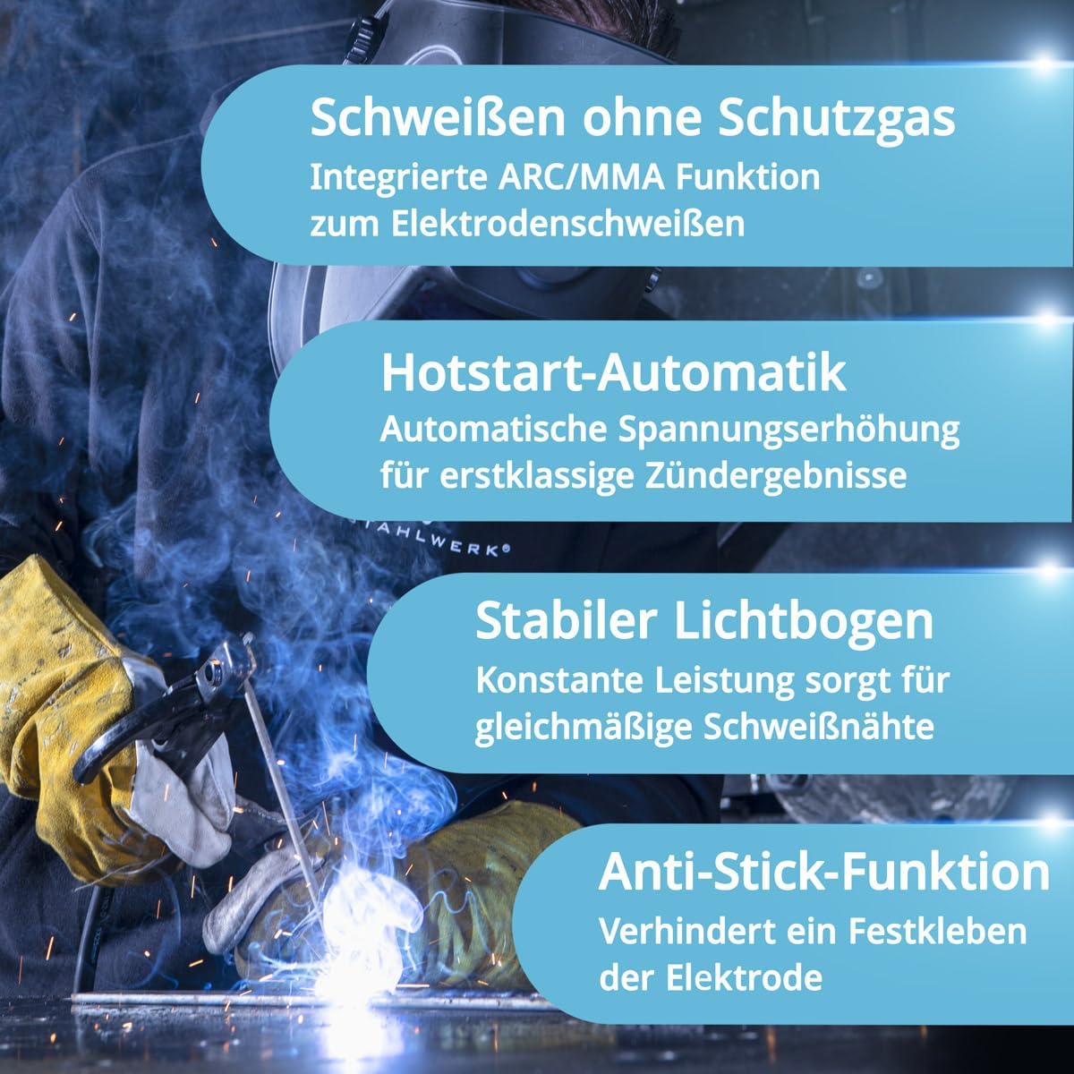 A welder performing MMA ARC welding, illustrating features like welding without shielding gas, Hotstart-Automatic, Stable Arc, and Anti-Stick function.